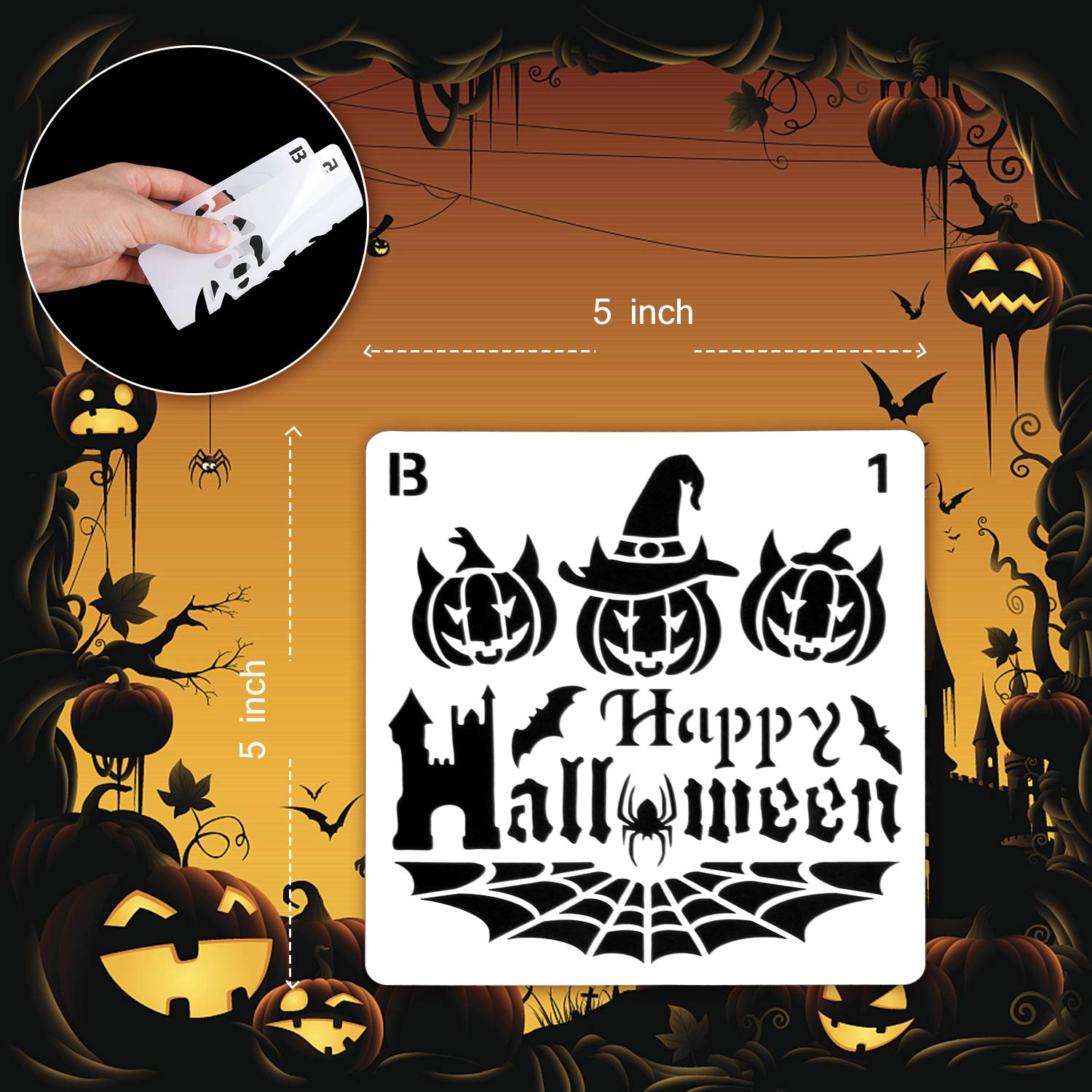 16 Pochoirs Halloween Réutilisables PET – Citrouille, Araignée, Sorcière, Fantôme, Chauve-Souris – DIY Peinture Mur, Bois, Citrouille