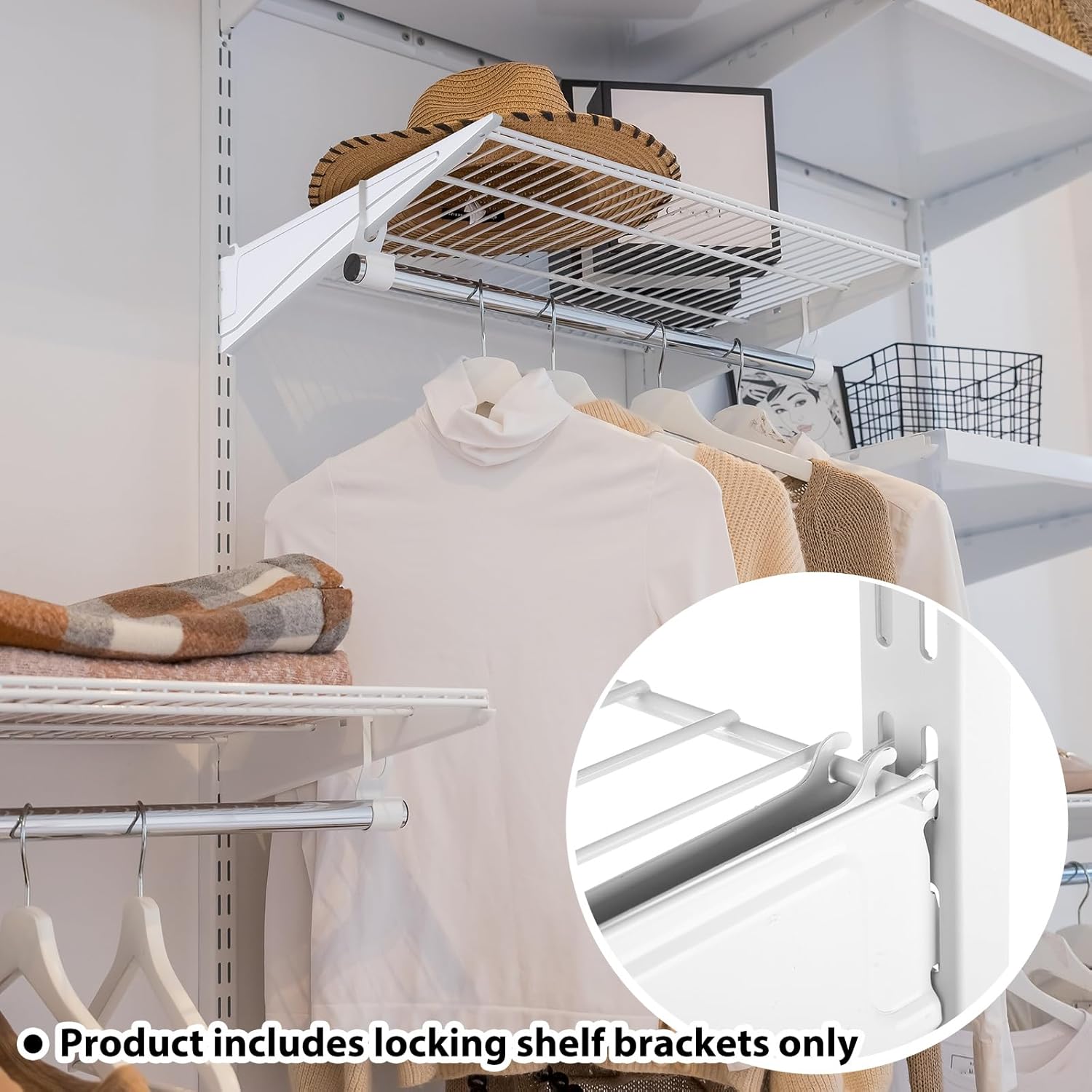 Adjustable Locking Shelf Bracket 16 Inch Shelf Brackets Heavy Duty Wire Shelving Brackets for Deep Wire Shelving Double Track System (White,20 Pcs)