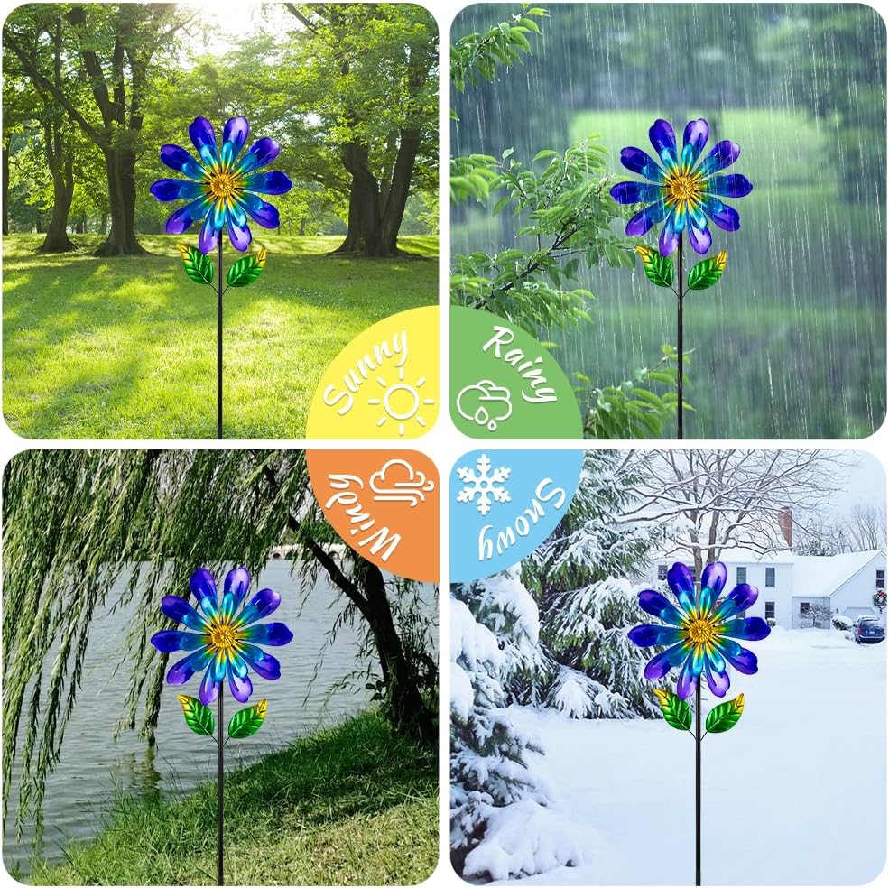 Metal Flower Wind Spinners Outdoor,Double-Layer Garden Windmill Flower Pinwheels for Yard and Garden Decorations