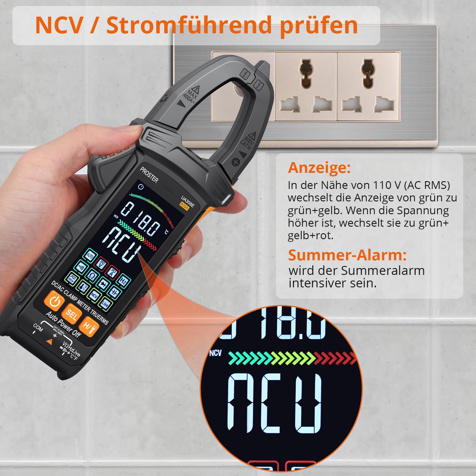 Proster Stromzange 6000 Zählungen Auto Range 800A AC/DC Strom 600V AC/DC Spannung NCV Stromführende Leitung Widerstand Diode Temperatur Kontinuität mit Aufbewahrungstasche Messleitungen