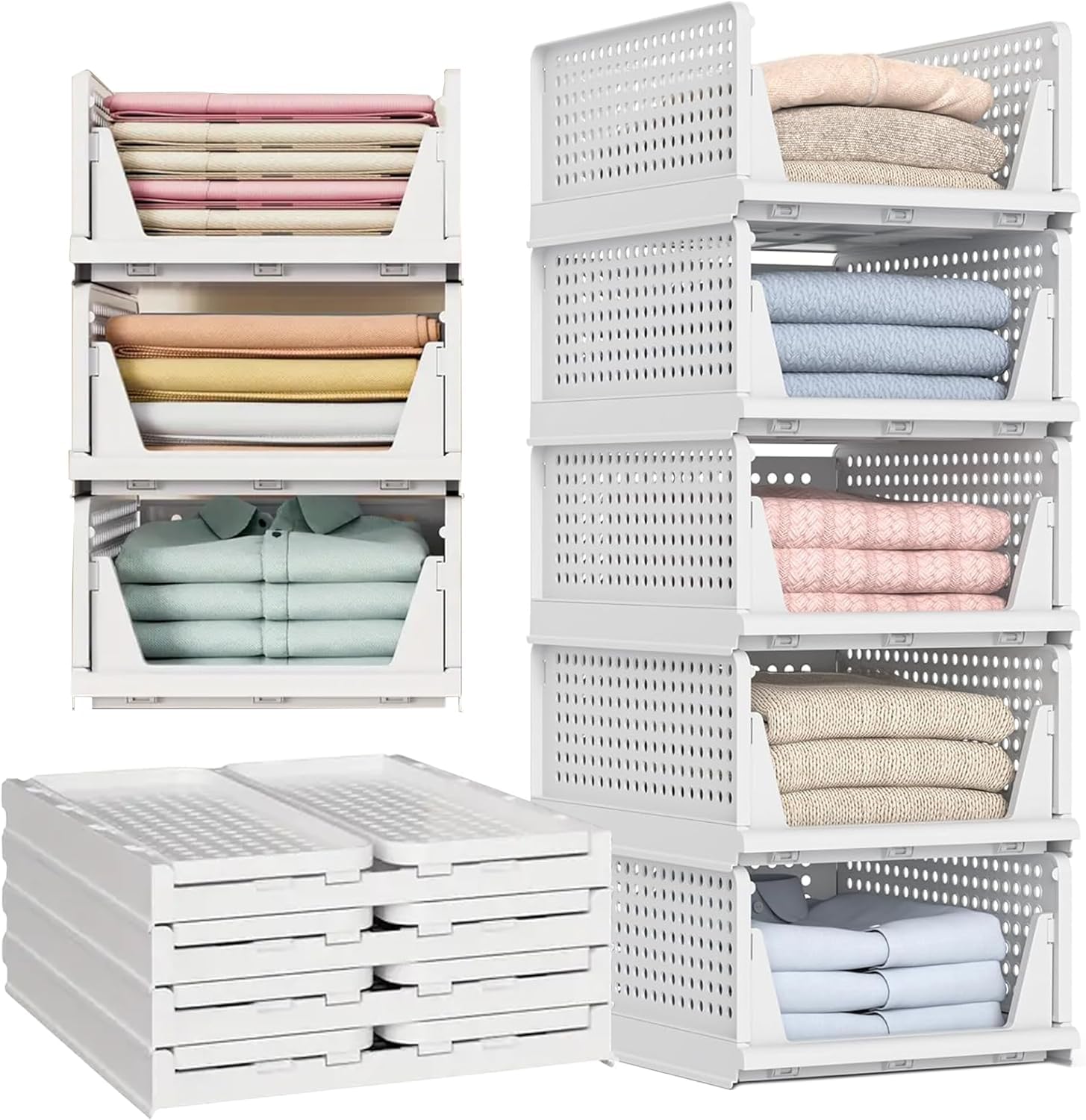 Atek White 20 Pack Wardrobe Storage Organiser – Foldable & Stackable Plastic Storage Baskets, Space-Saving Clothes Organisers For Cupboard, Closet, Laundry, Kitchen, Bathroom & Bedroom (20)