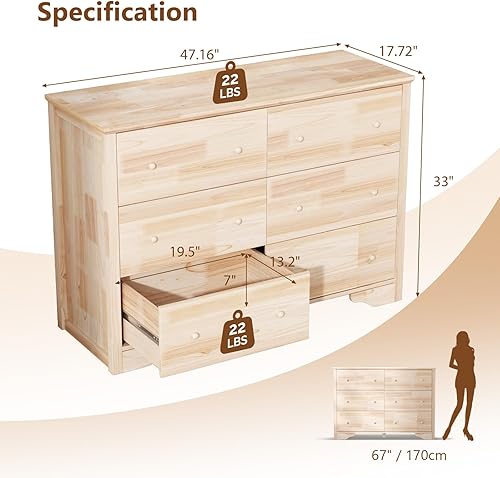 Miniatura 12 de VINGLI Cómoda de 6 cajones sin terminar, cómoda de madera maciza natural, cómoda rústica mejorada con amplias cajoneras de almacenamiento con