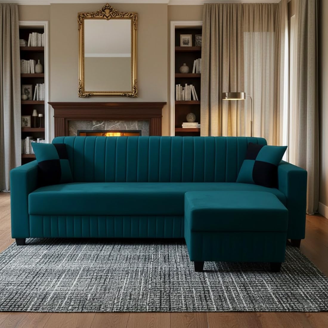 FURNY Gracina 3 Seater Modular Fabric Sofa Set with Ottoman (Greenish Teal) | Premium Velvet Finish | Comfortable & Ideal for Living Room FURNY Gracina 3 Seater Modular Fabric Sofa Set with Ottoman (Greenish Teal) | Premium Velvet Finish | Comfortable & Ideal for Living Room