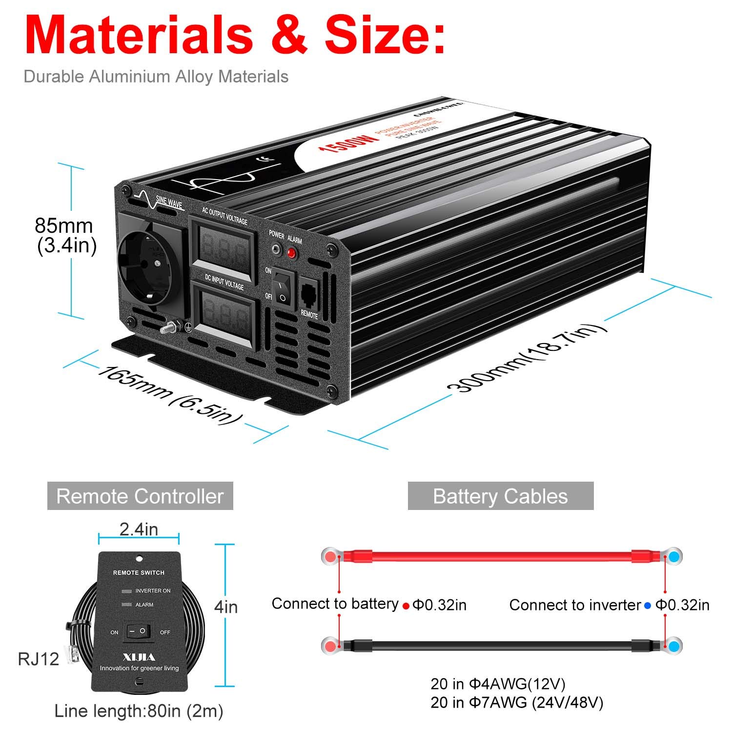 CNSWIPOWER 1500W (picco 3000W) Inverter di potenza a onda sinusoidale pura DC a AC 230V 50Hz convertitore solare per uso domestico auto (DC 24V (Gamma 20V-30V) 1500W)