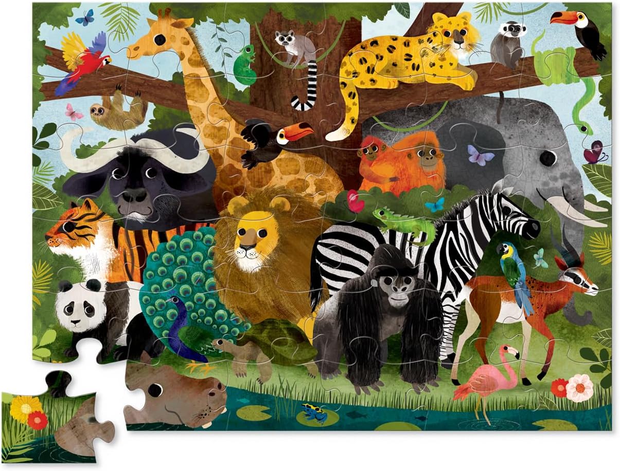 Crocodile Creek 36-Piece Jigsaw Floor Puzzle - Fun Floor Puzzles for Kids Ages 3-5 - Heavy-Duty Shaped Box for Storage - Jungle Friends - 24" W x 18" H Finished