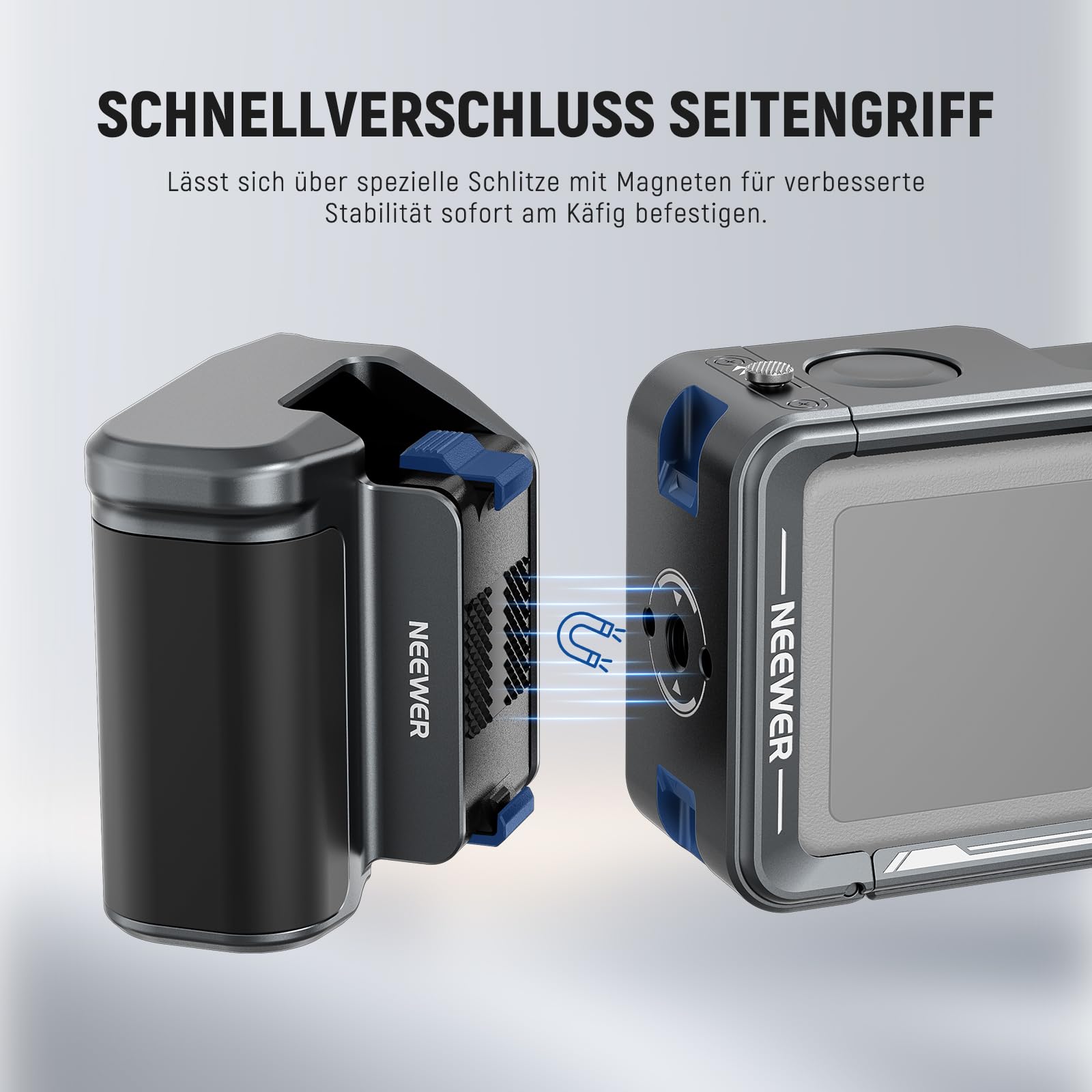 NEEWER Cage und Side Handle Set kompatibel mit DJI Osmo Action 5 Pro / 4/3, Schutzvorrichtung aus Metall mit magnetischer Adapterhalterung, Cold Shoe Shutter Extender Bar, dunkelgrau, AC014+AC034