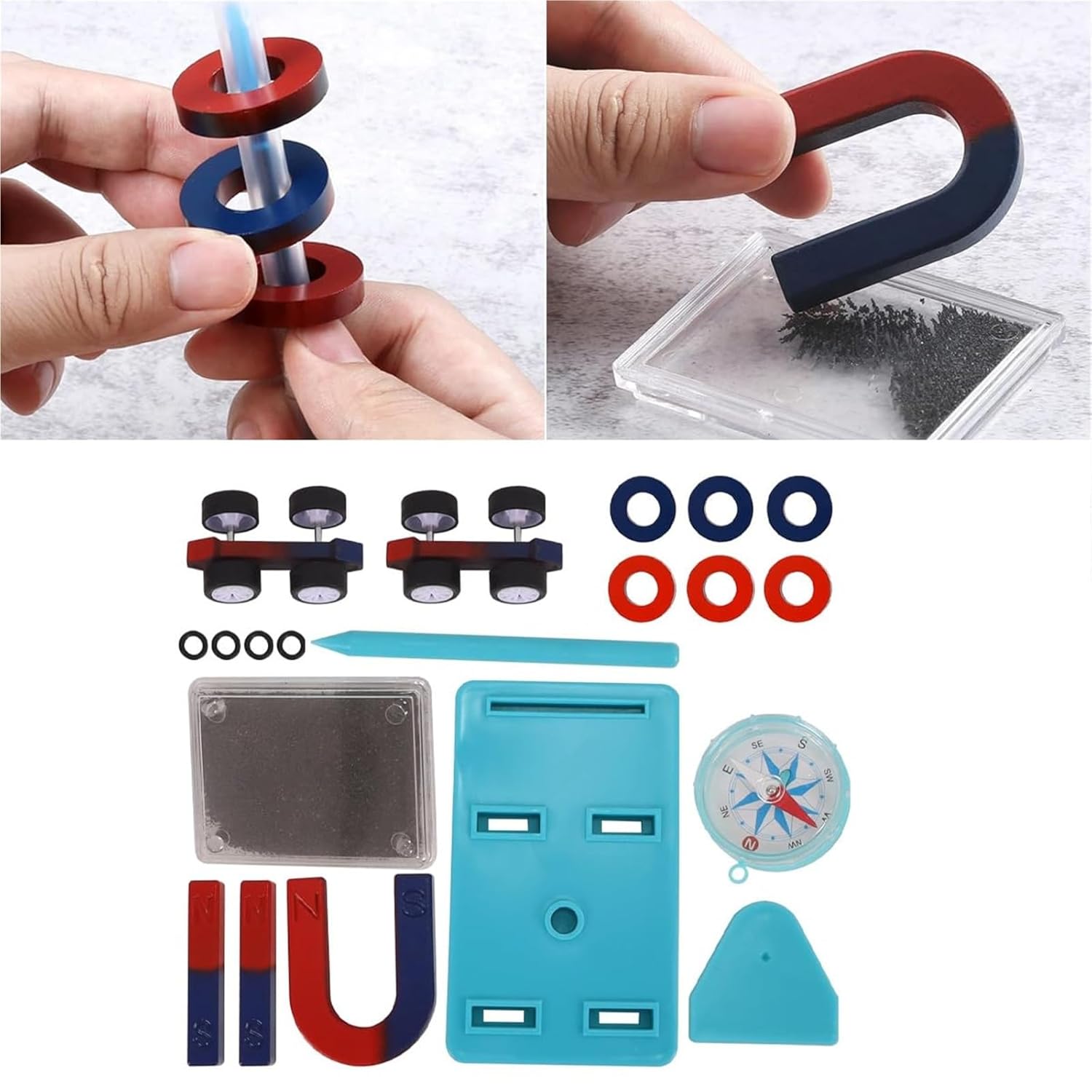 Magnetic Science Learning Kit Physics Lab Equipment Bar Ring Horseshoe U-Shaped Magnets Iron Powder Box Levitation Experiment Tool for Students Teens Classroom Labs