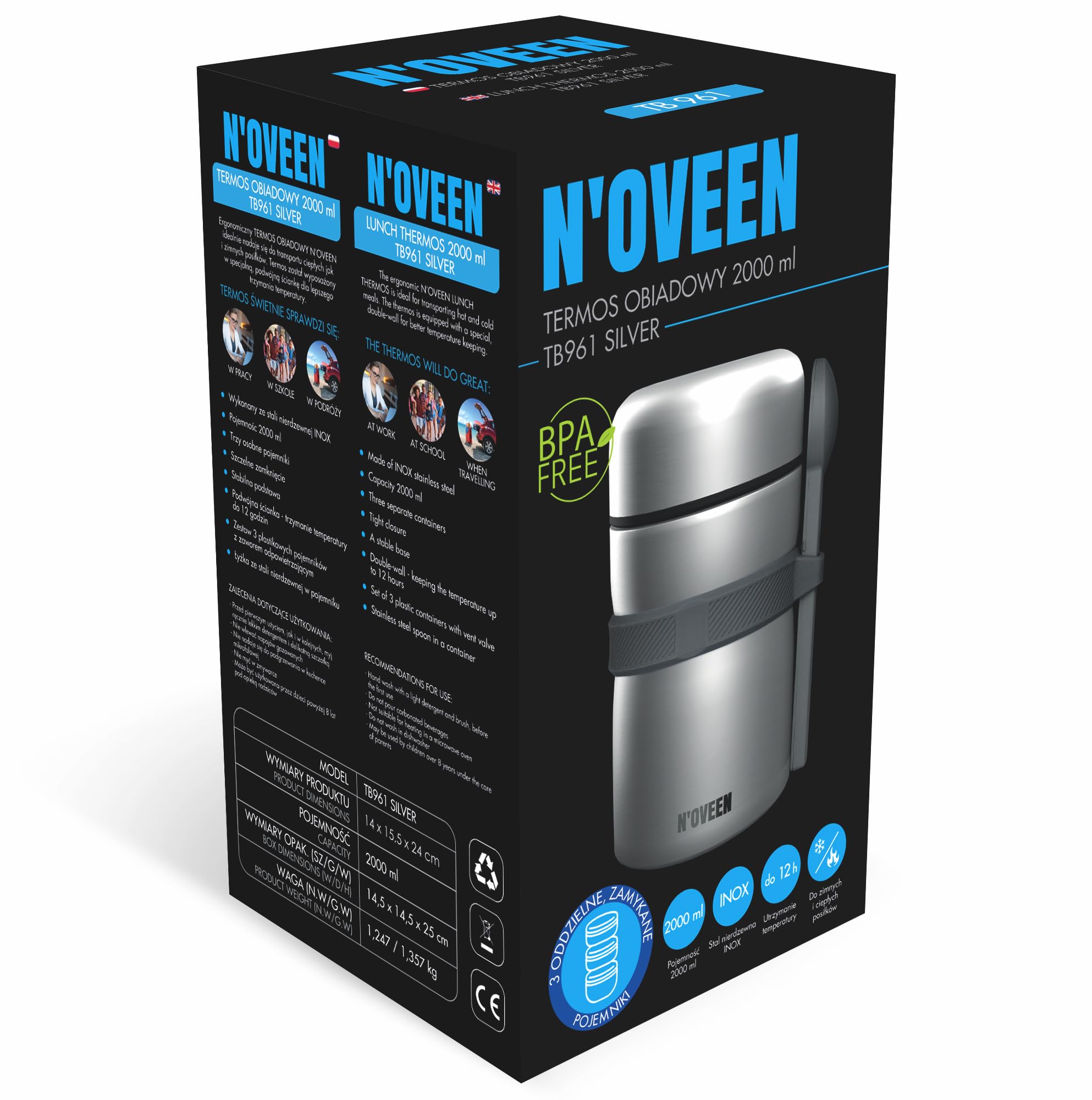 N'OVEEN TB961 Thermobehälter für Essen, Edelstahl Isolierbehälter mit Löffel, Thermoskanne Silber