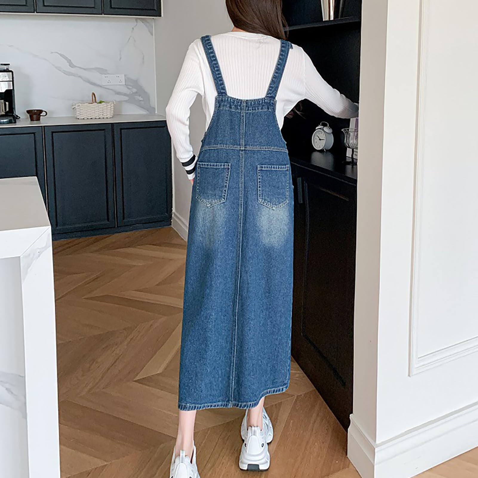 Vestito Salopette di Jeans Donna Mid Lunga Senza Maniche Denim Vestiti Overall con Tasche