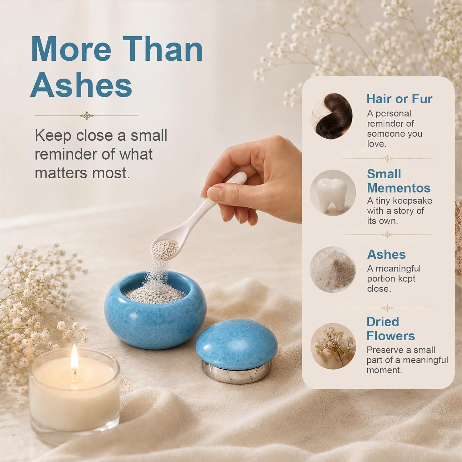 Small Urn for Human Ashes, Blue Ceramic Mini Keepsake with Spoon