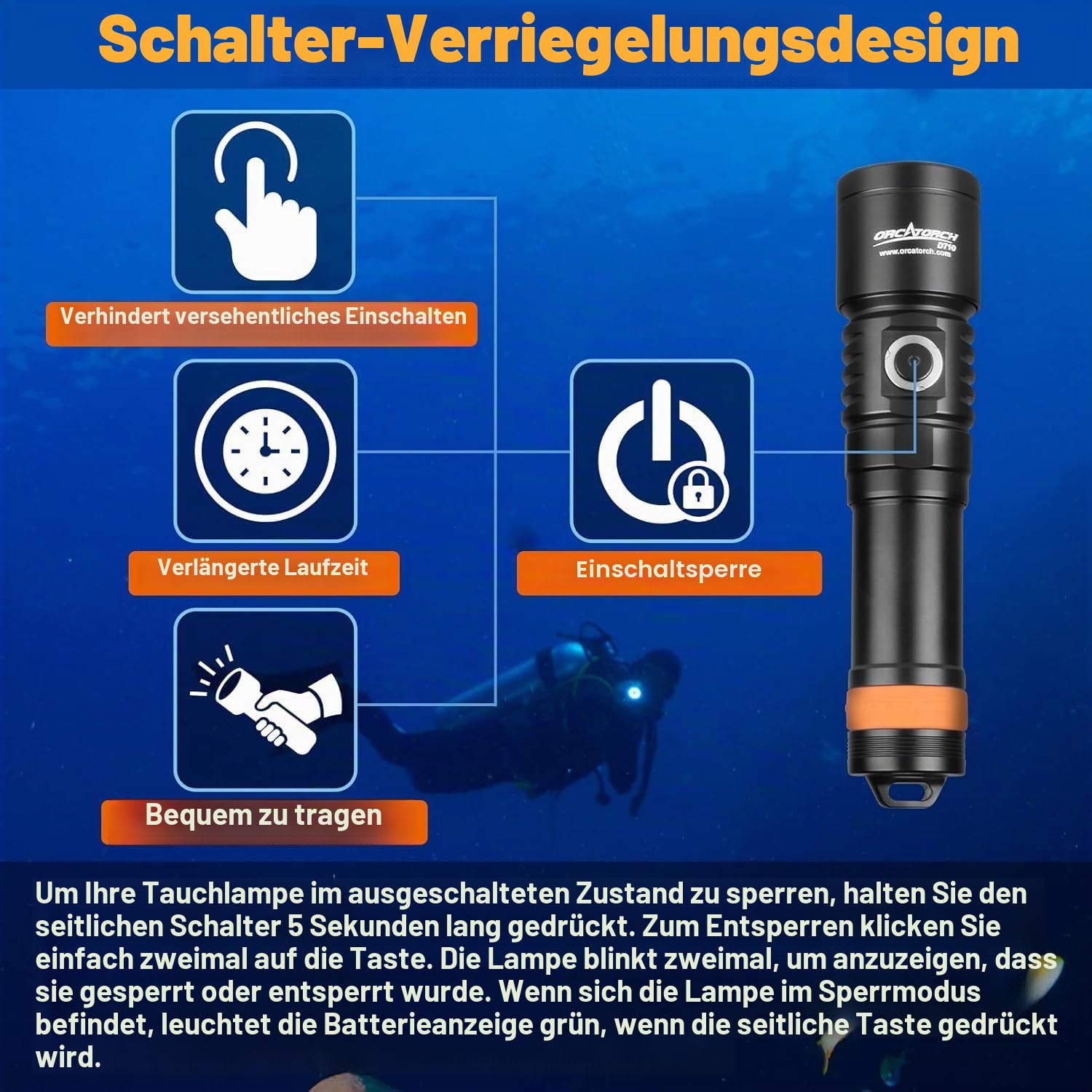 ORCATORCH D710 Tauchlampe, 3000 Lumen Taucherlampe mit 6 Grad schmalem Strahl, Unterwasser Lampe mit Batterieanzeige, IP68 wasserdichte Nachttauchlampe für 150m Unterwasser Tauchen