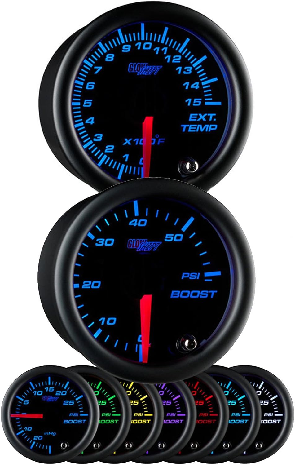 Glowshift Black 7 Color 52mm Universal Gauge Diesel Combo Kit 60 PSI
