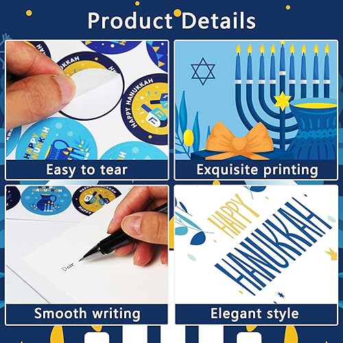 Miniatura 4 de Tevxj 12 tarjetas de felicitación de Janucá con 12 sobres y 30 calcomanías, decoraciones de fiesta de Hanukkah con diseños florales y estrella de