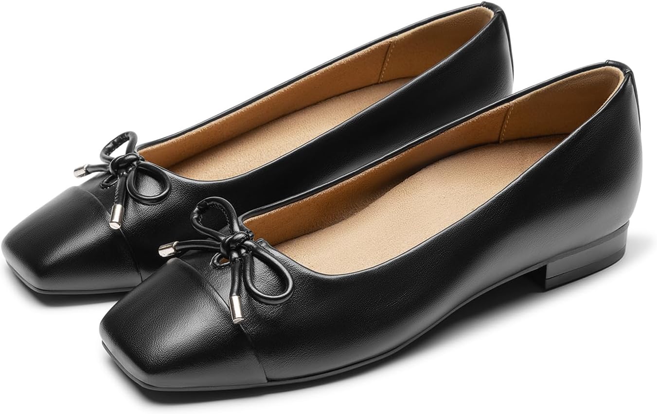 Athlefit Ballet Flats for Women Bow Square Toe Arch Support Ballerina | PU Leather, Flat Chunky Heel, Retro, Mary Jane, Slip On, All-Day Comfort, Work, Commuting, Shopping, for Women Four Seasons