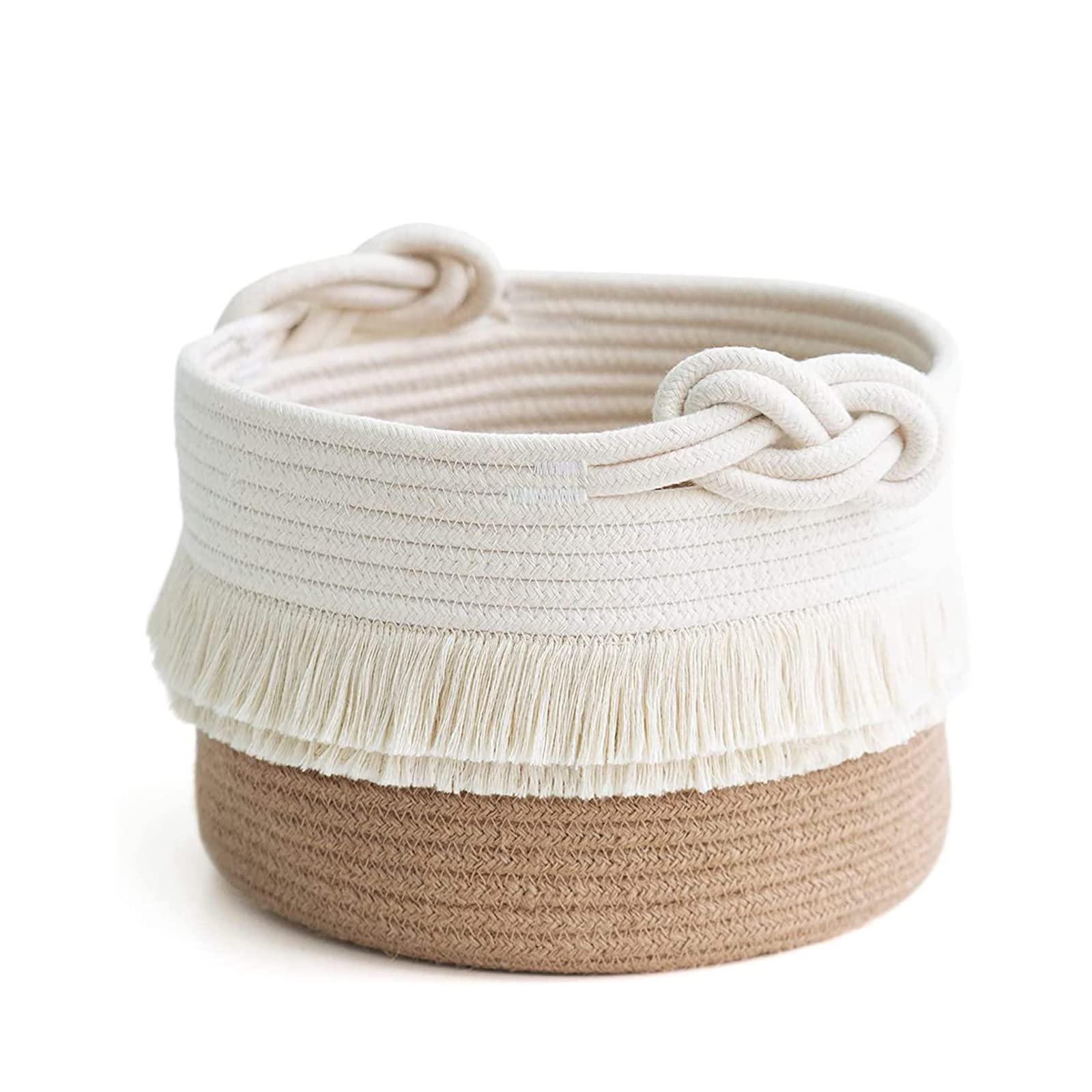 Jaffiust Small Woven Storage Basket Cotton and Jute Rope Decor Basket for Diapers, Blankets, Magazines and Keys, Adorable Tassel Nursery Decor - Home Organizer - (White+Brown)