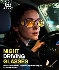 QALLY Night Vision Glasses, Fit Over Glasses Wrap Around HD Night Driving Anti Glare Glasses for Women Men