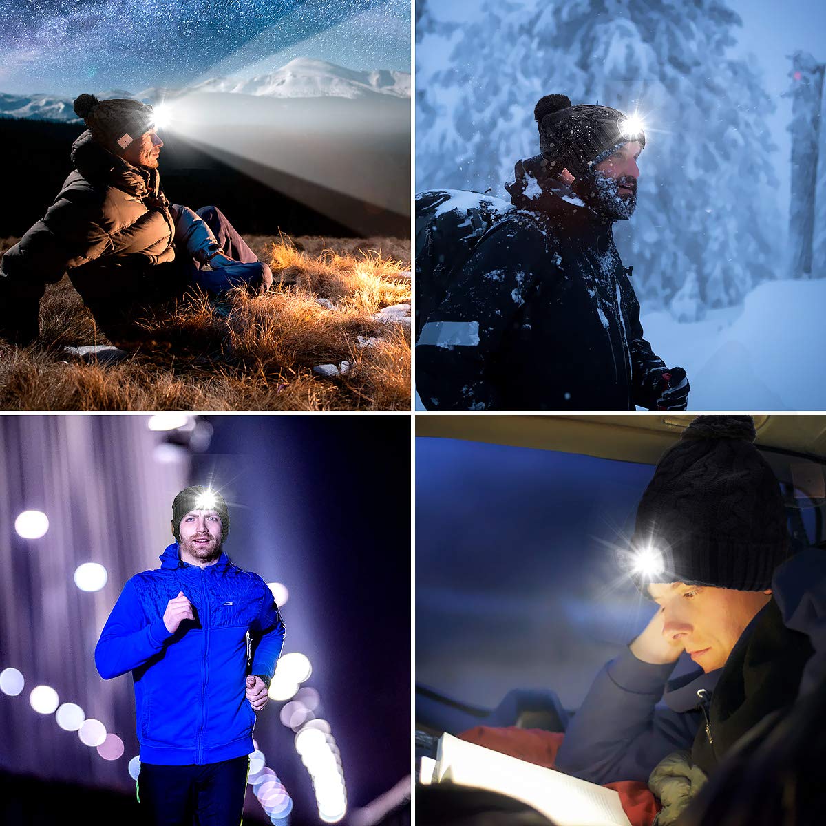 Powcan Wintermütze mit Licht Wireless Bluetooth 5.0 Music Mütze 4 LED Hut USB aufladbare Caps für Männer Frauen warme Strickmütze