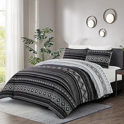 Lekesky Funda de edredón bohemia tamaño Queen, funda de edredón reversible color negro y blanco, 3 piezas, microfibra súper suave, transpirable,