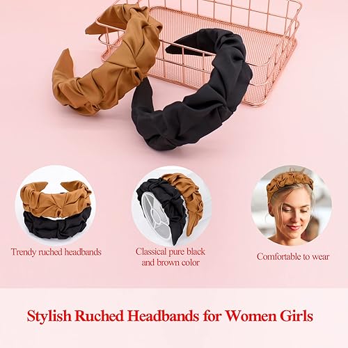 Miniatura 2 de BEGOOD Diademas para mujer  Diadema anudada con volantes anchos negros, accesorios para el cabello con nudo superior fruncido para niñas, 2 unidades