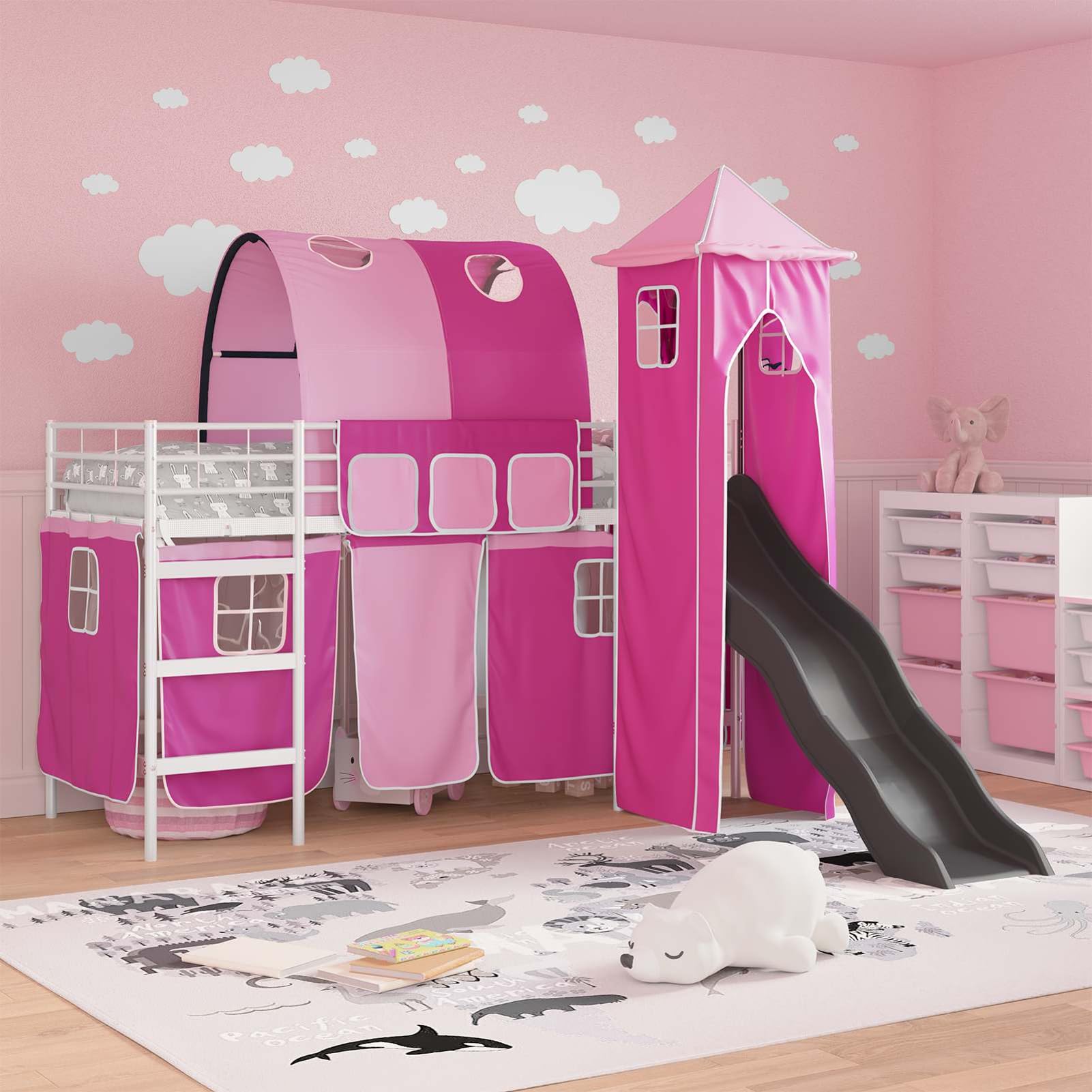 Homgoday Hochbett mit Rutsche und Turm für Kinderzimmer - Stabiler Metallrahmen in Blau & Schwarz - Spiel- und Schlafbereich Model42020910