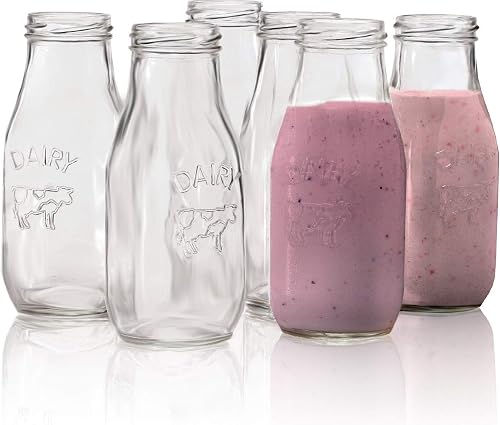 Circleware Country Milk Bottles Set of 6 Drinking Glasses, Home and Kitchen Dairy Cow Glassware for Water, Juice, Beer, Bar Liquor Dining Beverage Gifts, Farmhouse Decor, 10.5 oz, Clear | Dairy Cow Farmhouse Decor Glassw