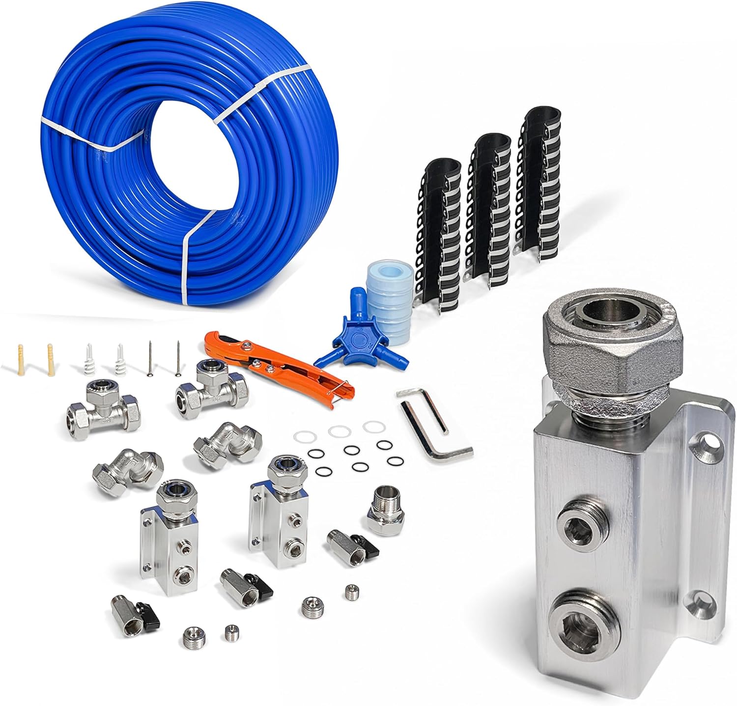 Compressed Air Piping System with 3/4 Inch ID x 200 feet HDPE Tubing & Aluminum Outlet Blocks for Garage Connect Air Compressor Line Kit Accessories for Shop | 200 PSI | 53PCS |9120