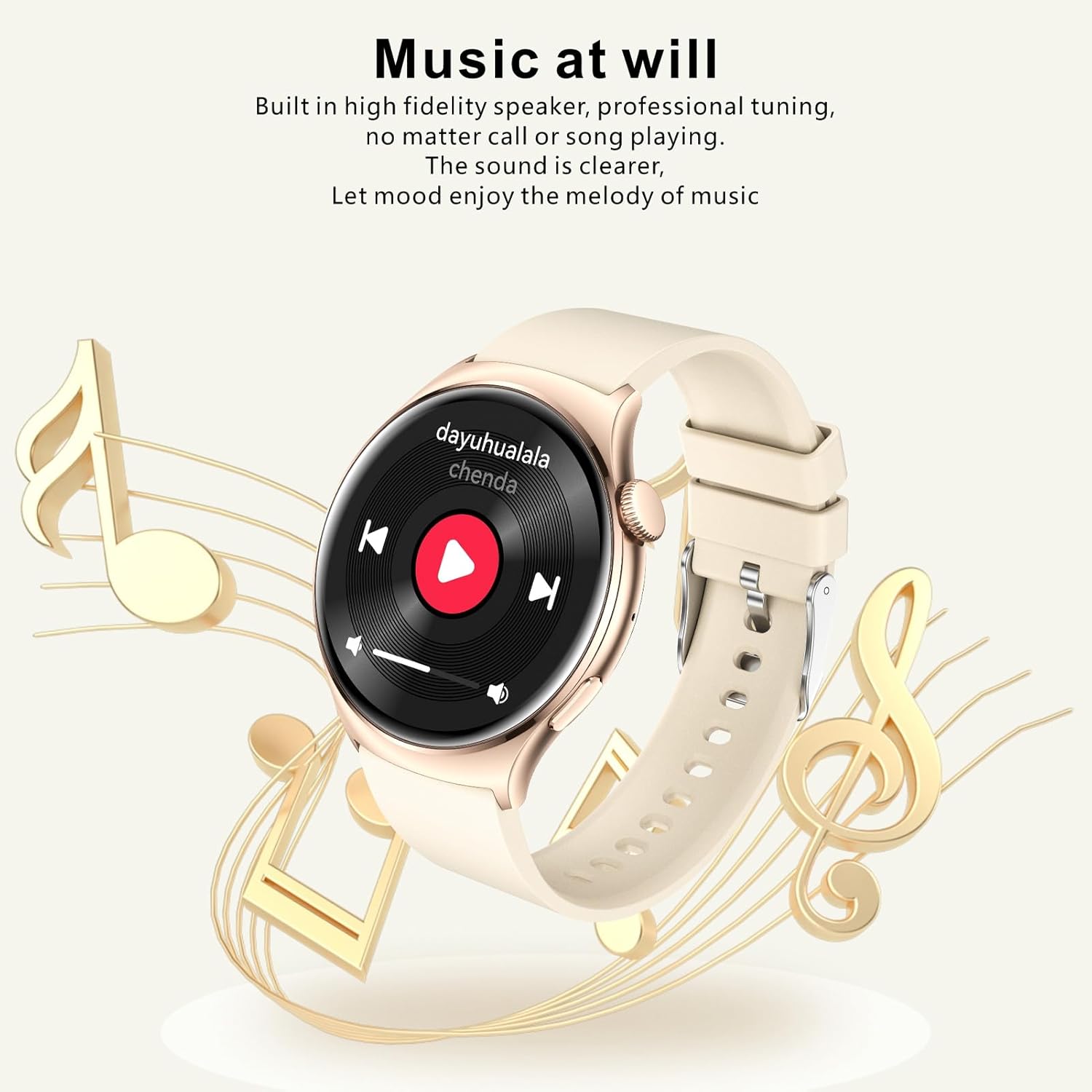 Bewinner Smart Watch displaying a music player interface with play/pause and skip controls.
