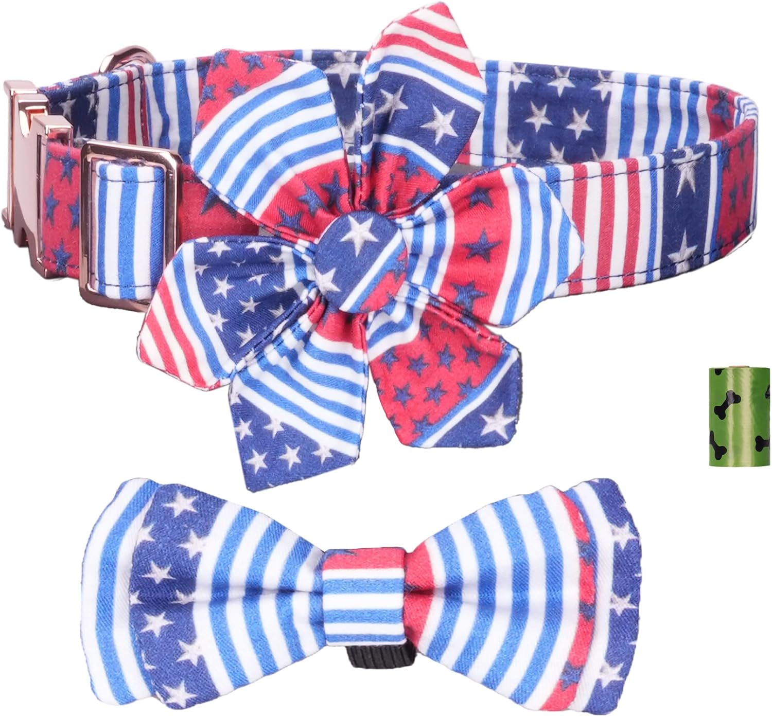 LOIIHEII American Flag Dog Collar,with Bow and Flower Tie