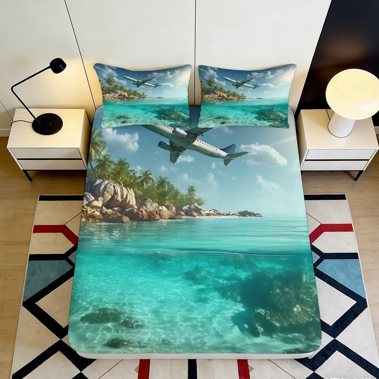 Pnayamiorkfel Style-8 3D Printed Tropical Beach Ocean Fitted Sheet Microfiber Soft Airplane Bed Cover For Bedroom Guest Room Decor 90X200x25cm