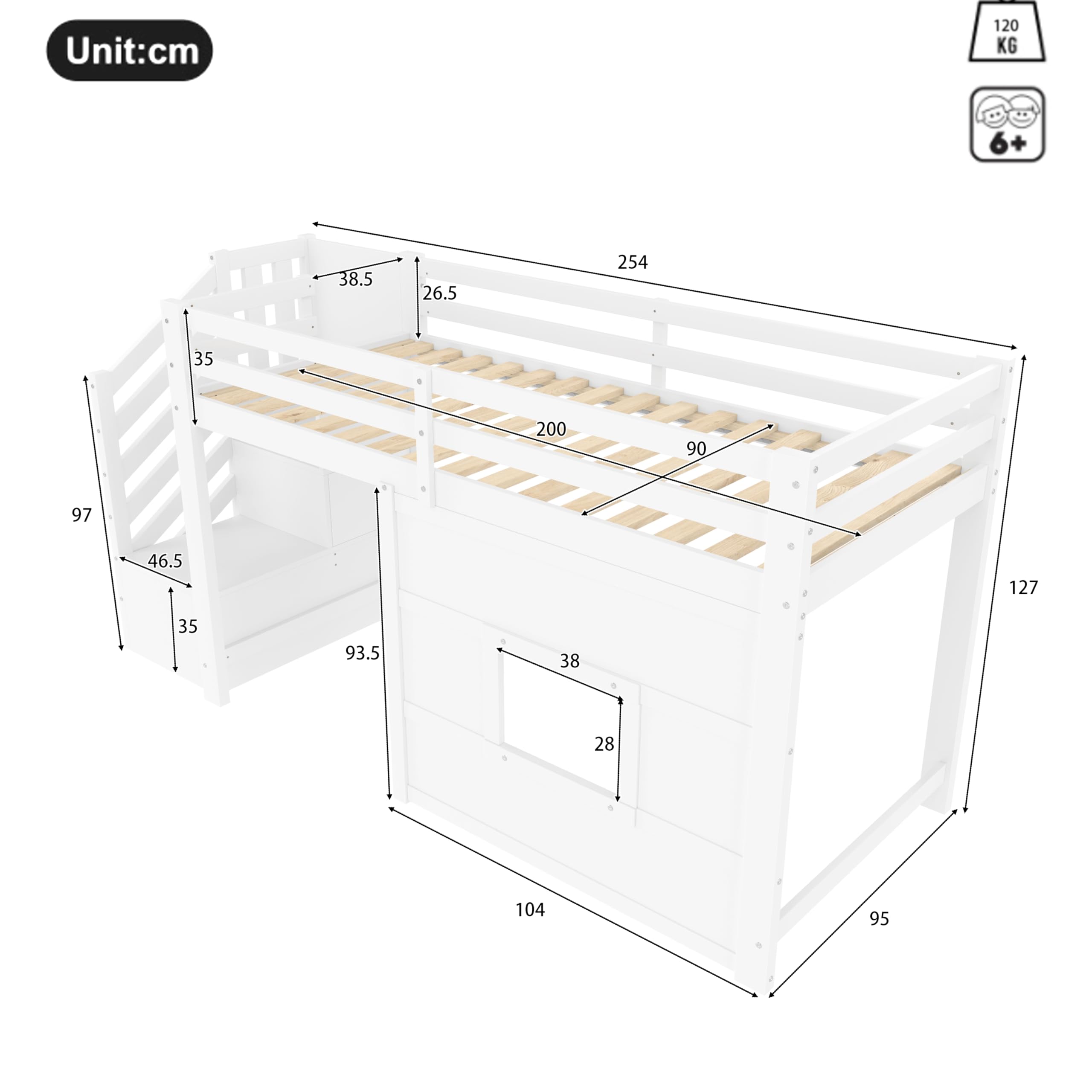 Sapgaks Lit Mezzanine Enfant 90x200 avec éclairage LED,lit mi Hauteur avec escalier de Rangement et fenêtre,Cadre de lit Enfant 90x200 (J-Blanc 90)