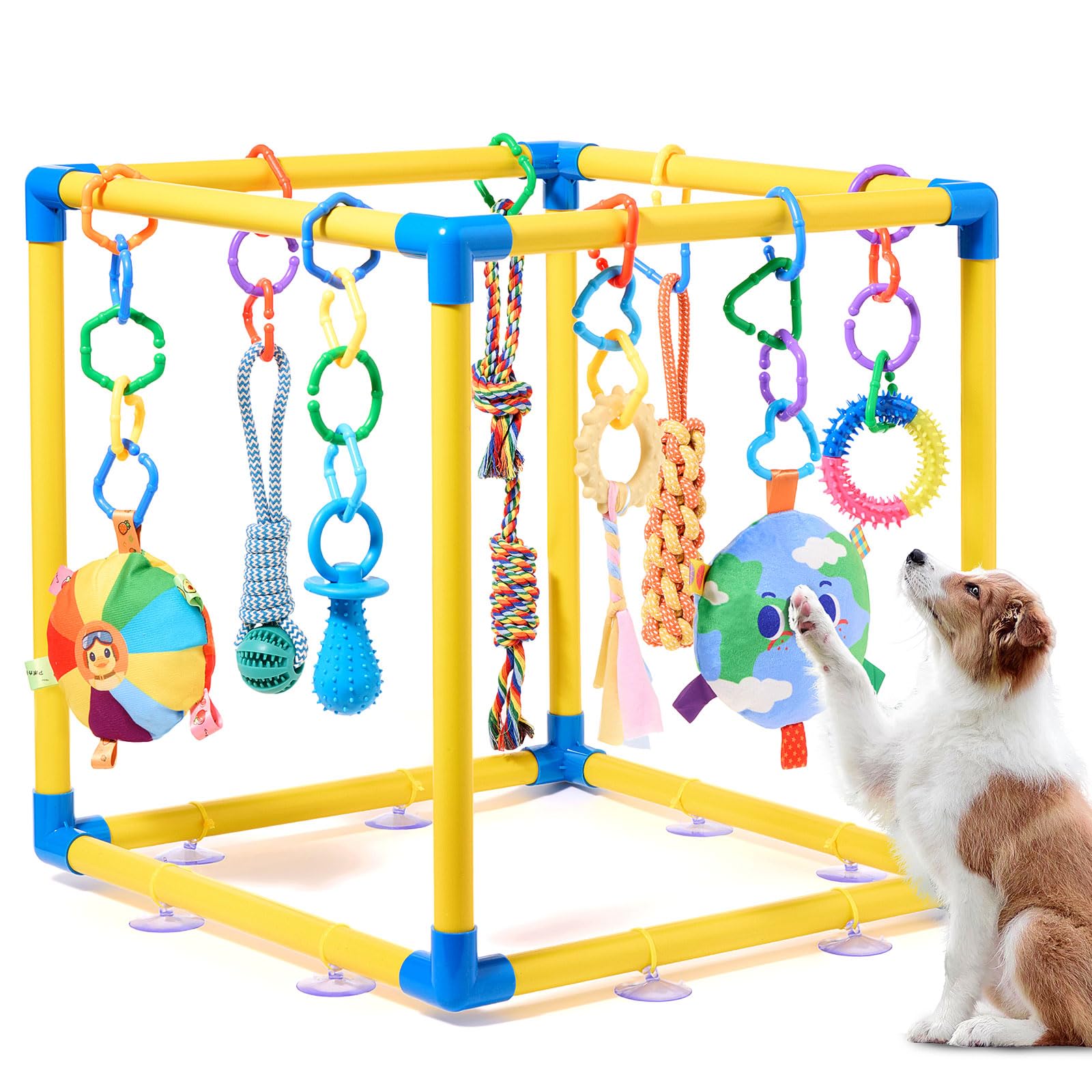 Fsawdnn Puppy Play Gym with 8 Hanging Toys, Small Dogs Indoor Jungle Playground, PVC Frame with Suction Cups Interactive Enrichment Activity Center