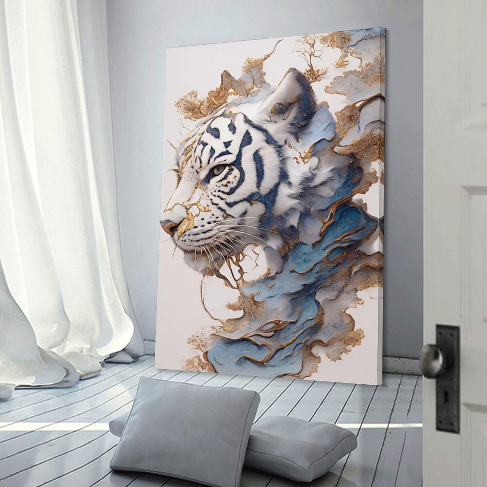 Junmoney Room Decor Wall Art Abstract White Tiger Portrait, 12x18inch(30x45cm), for Workspace Walls, Study Corners Or Bedrooms, A Smart Decor Choice for Study Walls