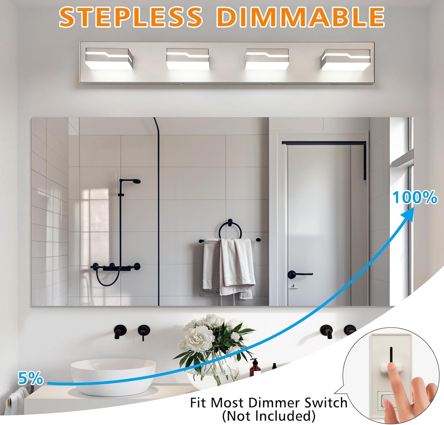 LED Modern Bathroom Vanity Light Fixtures 4-Light, 25.5 inch Dimmable Nickel Vanity Lights for Bathroom Lighting Fixtures Over Mirror, with 350°Rotatable Acrylic Heads(White Light 5500K)