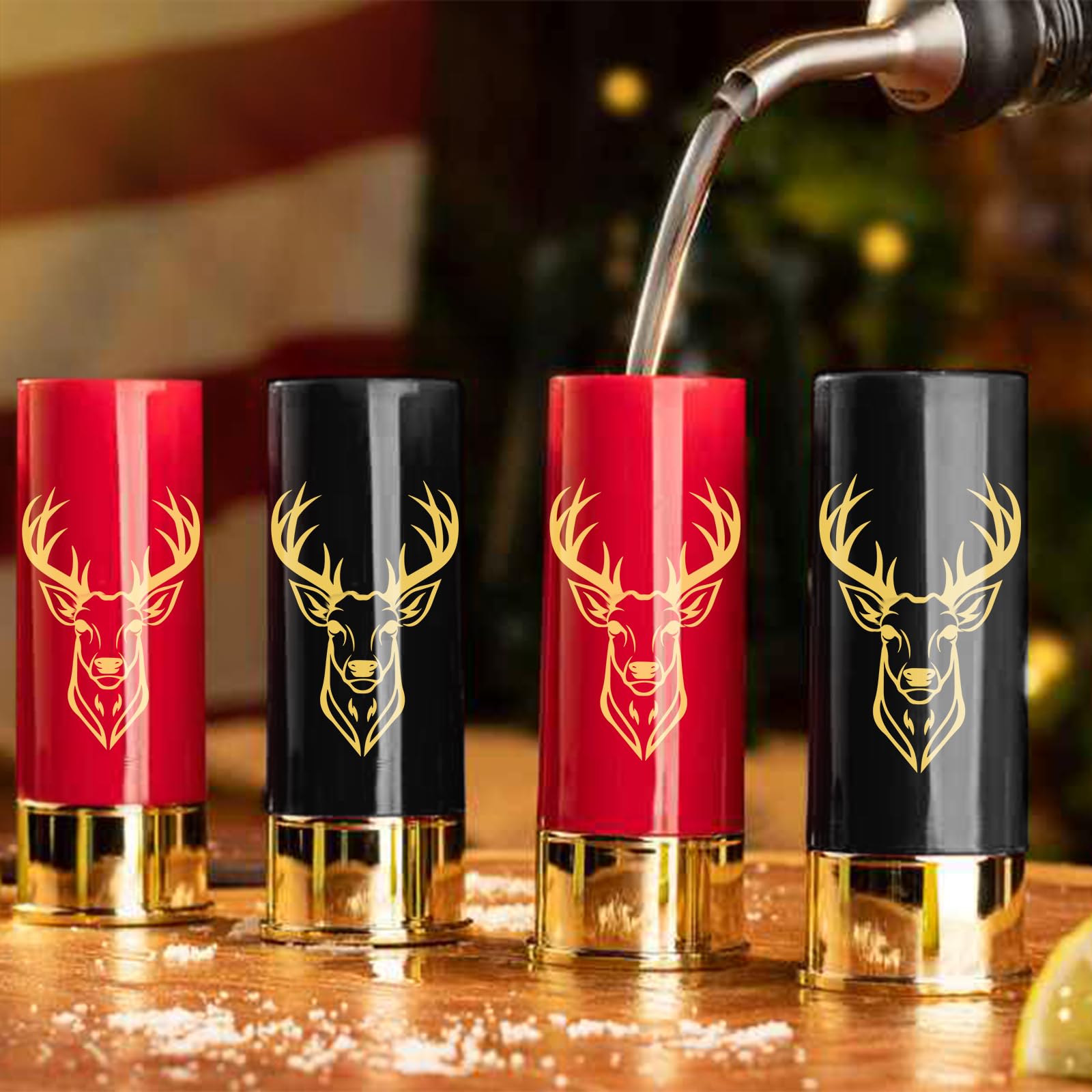 Set di 4 Bicchierini da Shot con Testa di Cervo, con Confezione Regalo, Regali di Compleanno, Matrimonio, Festa del Papà, Natale, 12GA Caccia al Cervo, Piccoli Bicchierini, Plastica, Nero e Rosso