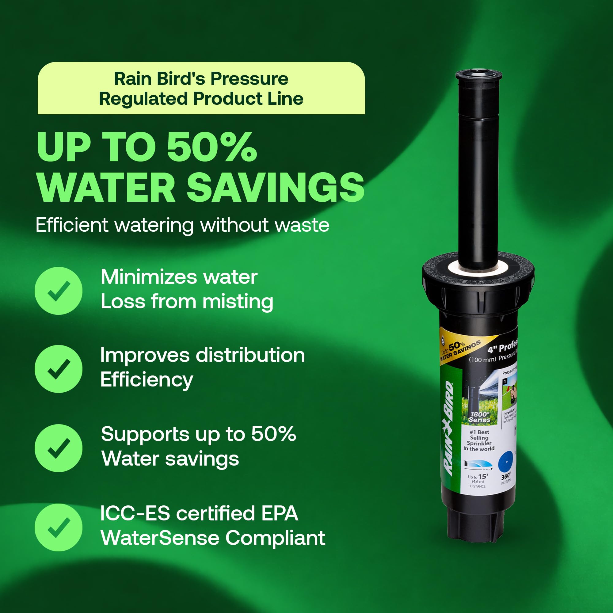 Rain Bird 1804APPRS Druckgeregelter 1800 Series Dual Spray 10,2 cm Pop-Up-Sprinklerkopf, 4 Stück, wassereffizienter Rasensprenger mit 360-Grad-Muster, 1,27 cm NPT, bis zu 4,5 m Sprühabstand