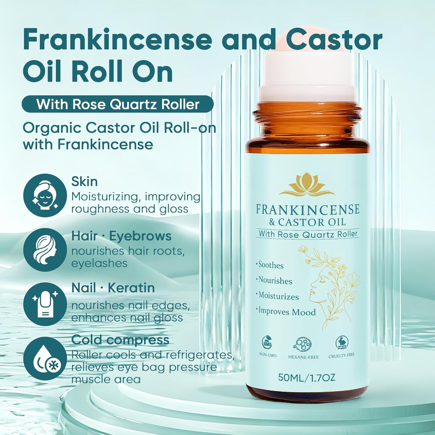 Frankincense and Castor Oil, Castor Oil Roll On with Rose Quartz, 100% Pure, Organic, Cold-Pressed, Firms Skin, Reduces Fine Lines & Hormone Balance, Suitable for Face, Neck, Abdomen, 50ML/1.7OZ (1) - Image 2