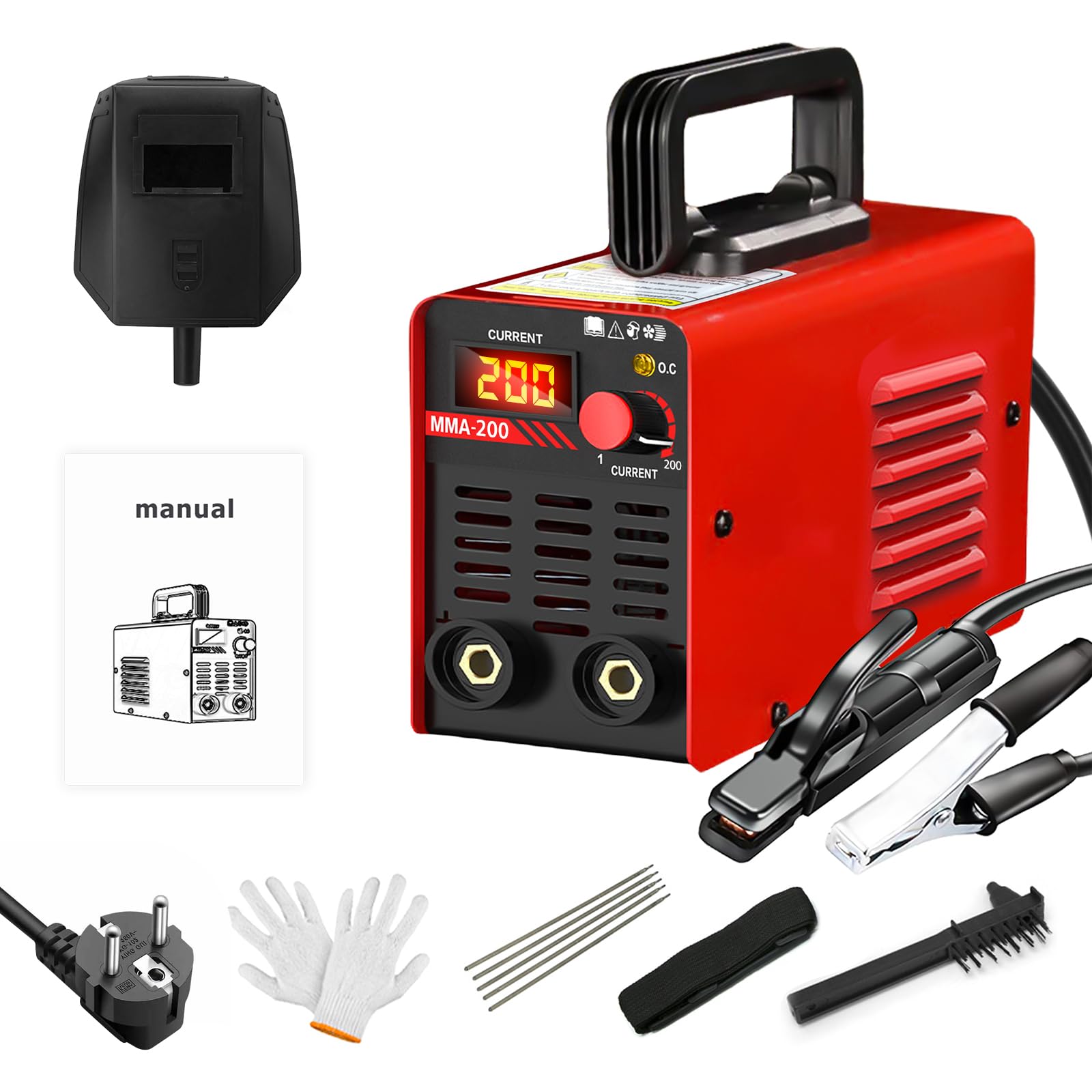 Máquina de Soldadura por Arco Portátil MMA 200, Máquina de Soldadura por Electrodo 200A, Mini Máquina de Soldadura MMA con Inversor IGBT, Pantalla LED, Antiadherente, Refrigeración Inteligente