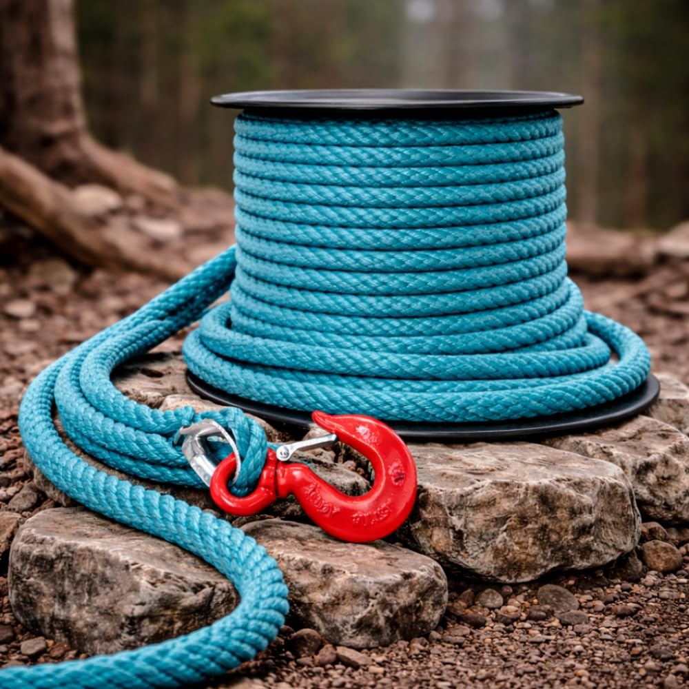 Seilrolle mit Haken und Kausche 15 m – geflochten aus Polypropylen, robust und vielseitig, Durchmesser 23 mm, Entenblau
