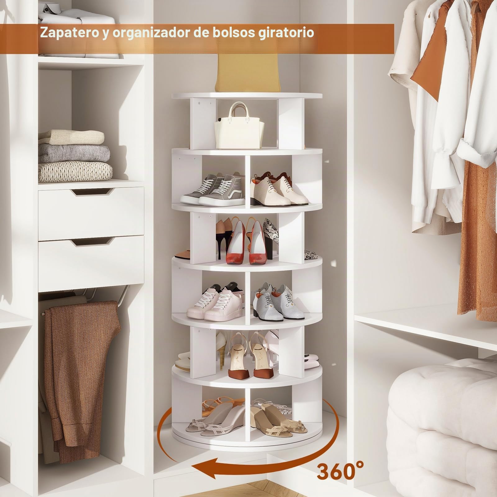 IBUYKE Zapatero Giratorio de 6 Niveles, Estante de Zapatos Giratorio 360°para 24 Pares de Zapatos, Organizador Vertical Redondo para Zapatos y Bolsos para Armario Pasillo Sala de Estar, Blanco WSR006W