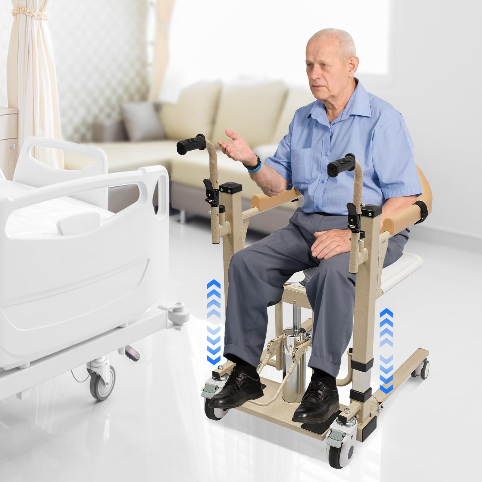 Elevador de pacientes para el hogar, silla de ruedas dividida de 180°, elevador de transporte portátil con bandeja de inodoro, altura hidráulica ajustable con mesa de comedor para ancianos y