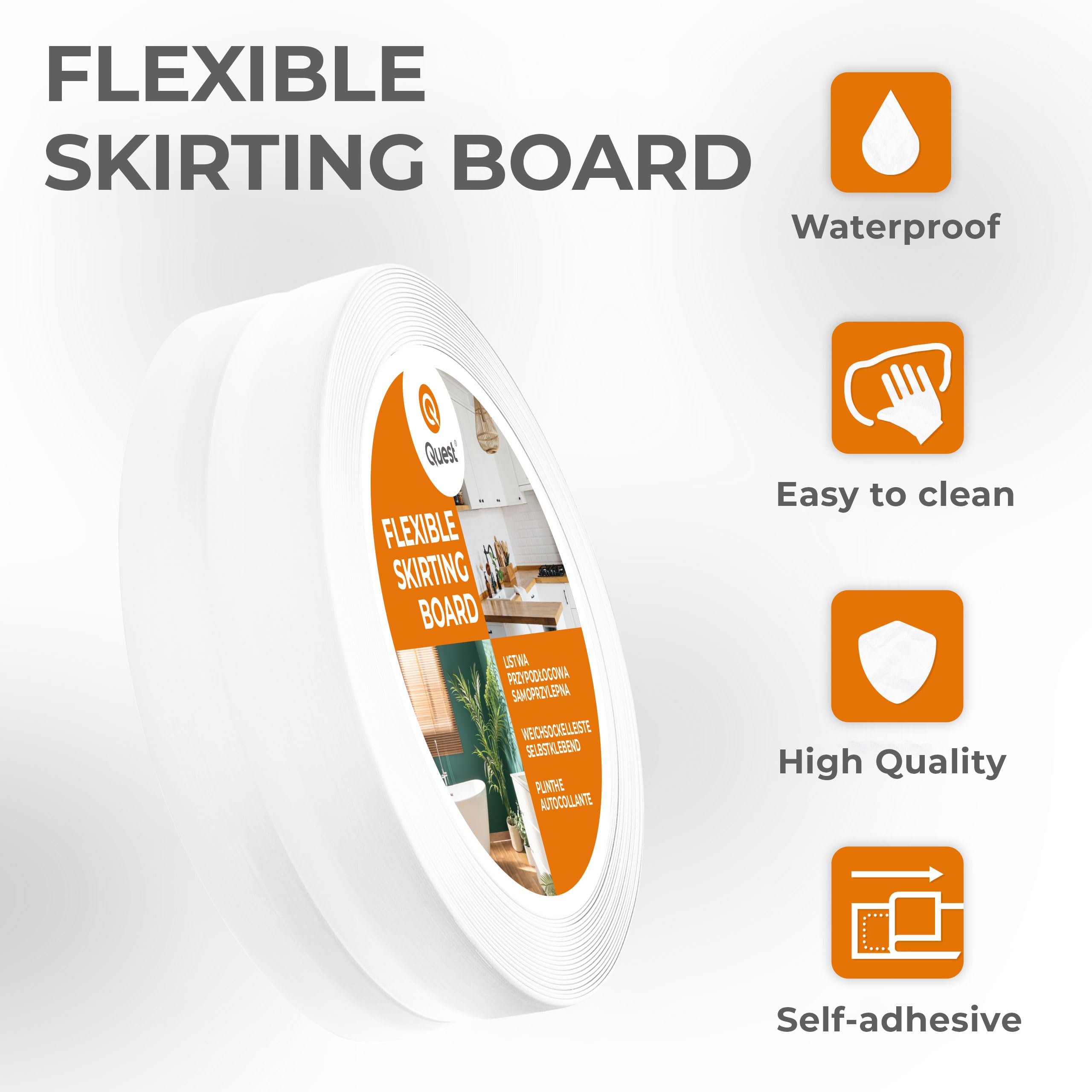 Quest Battiscopa Morbido Adesivo - 50 mm x 20 mm - Listello in PVC, Finitura Flessibile, Profilo Angolare per Cucina, Bagno, Parete, Pavimento - Decorativo (Bianco, 25m)