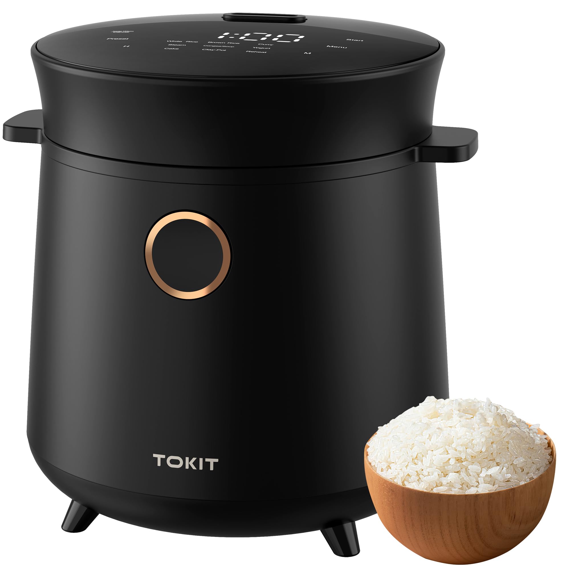 tokit rice cooker 3 cup uncooked/6 cup cooked, nonstick inner pot ceramic rice cooker small,24h timer delay & keep warm, portable 9 preset functions for brown rice, steam, soup, black