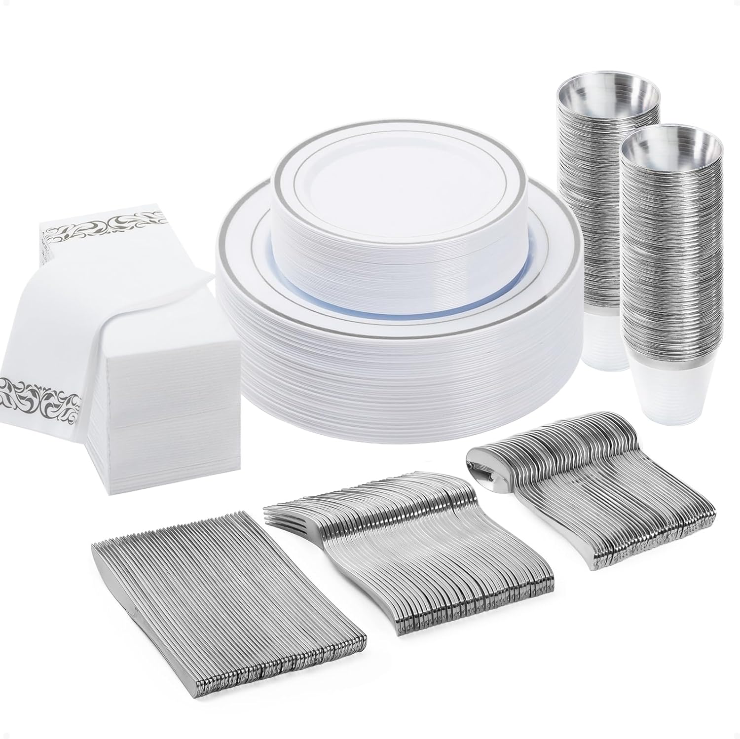 175 PCS Silver Dinnerware Set for 100 Guests, Plastic Dinnerware Set for Party, Include: 25 Silver Dinner Plates,25 Dessert Plates, 25 Silver Plastic Silverware Set, 25 Cups, 25 Paper Napkins 175 PCS Silver Dinnerware Set for 100 Guests, Plastic Dinnerware Set for Party, Include: 25 Silver Dinner Plates,25 Dessert Plates, 25 Silver Plastic Silverware Set, 25 Cups, 25 Paper Napkins
