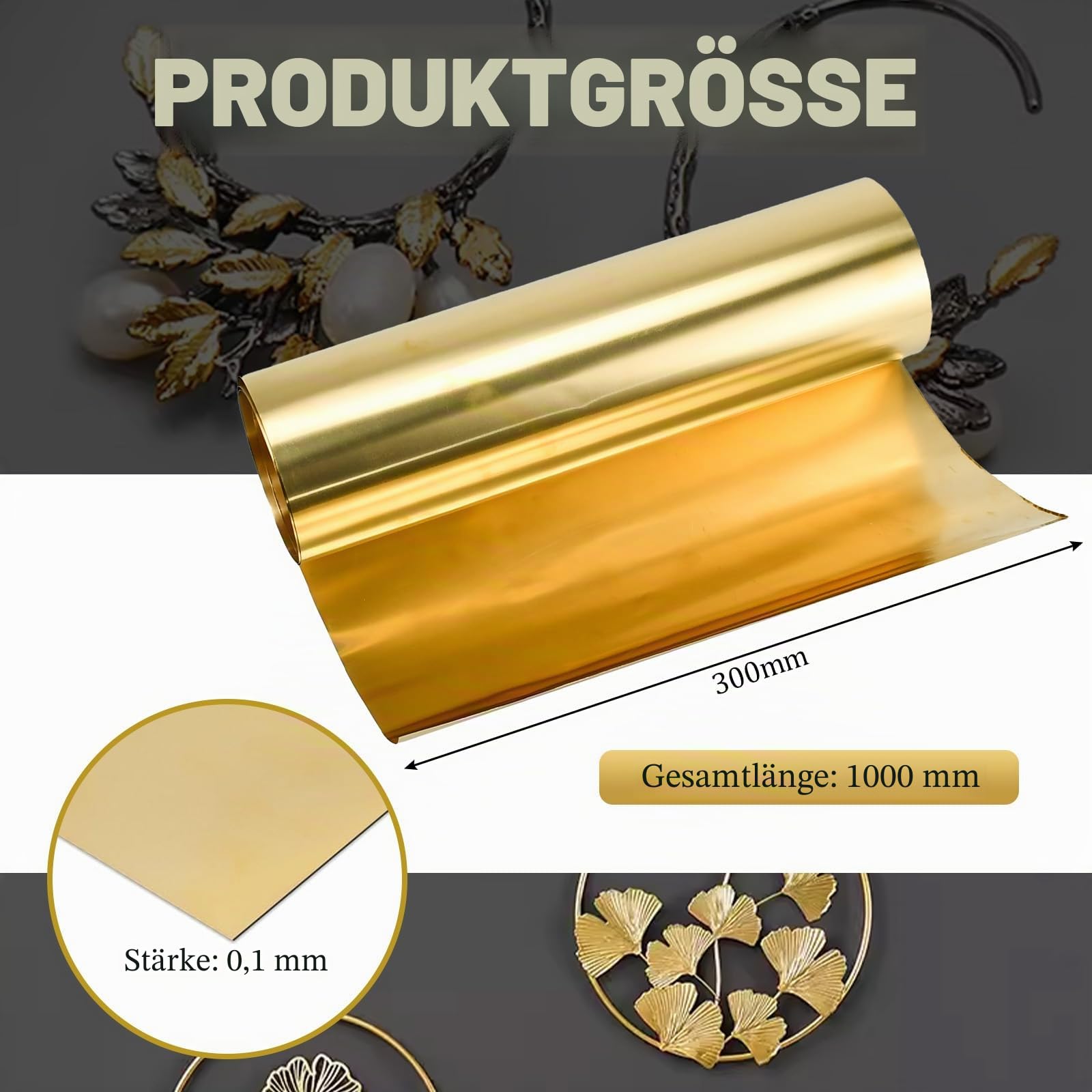 HEKOBAG Messingblech Gold Messingblech Rolle Messing Folie Dünnes Messingblech 0.1mm x 300mm x 1000mm Messingstreifen Messingplatten Brass Sheets für DIY Schneiden Handwerk