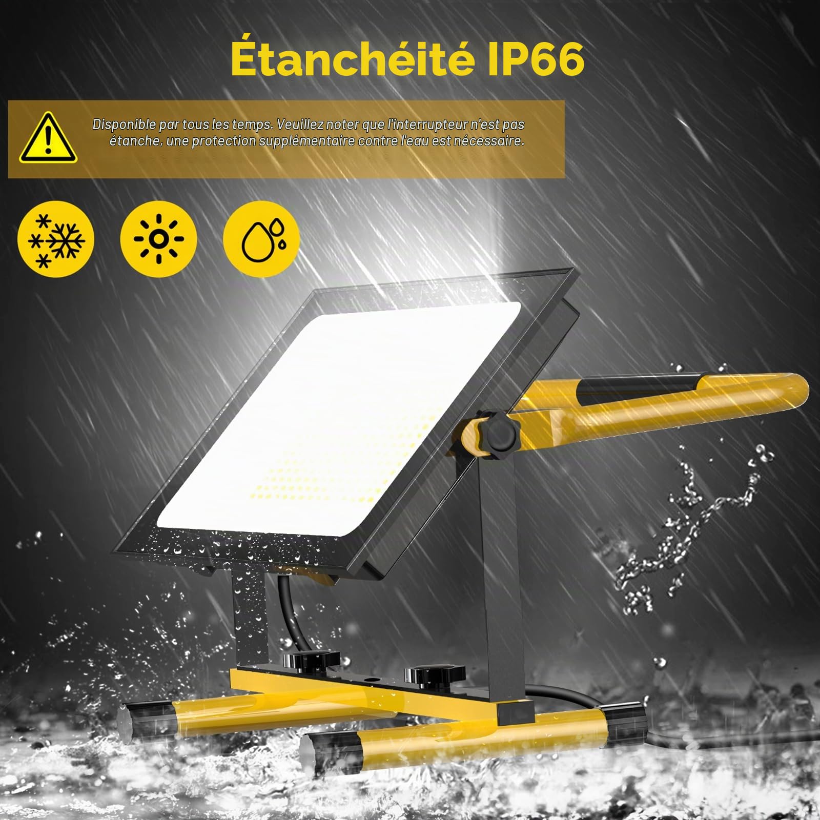 Viugreum Projecteur Led Chantier 200W 20000LM Luminaire Exterieur Réglable à 3 Niveaux de Luminosité avec Prise Câble de 3M Étanchéité IP65 6500K Portable Lampe Chantier pour Atelier Garage