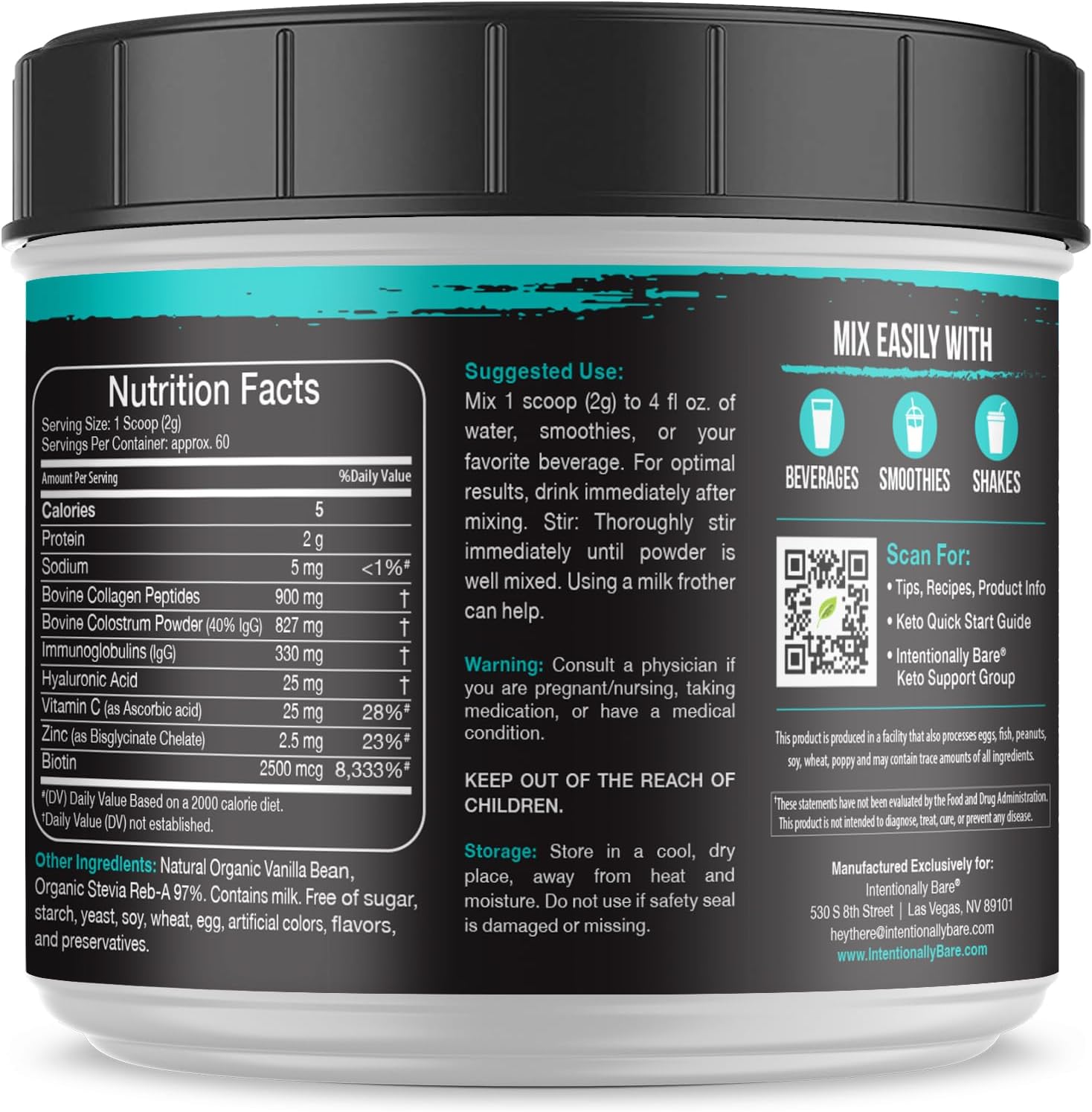 Intentionally Bare Colostrum and Collagen Powder - Bovine Colostrum Powder for Gut Health, Immunity, Hair, Skin & Nails - Vanilla Bean Collagen Supplement with Biotin & Hyaluronic Acid - 60 Servings