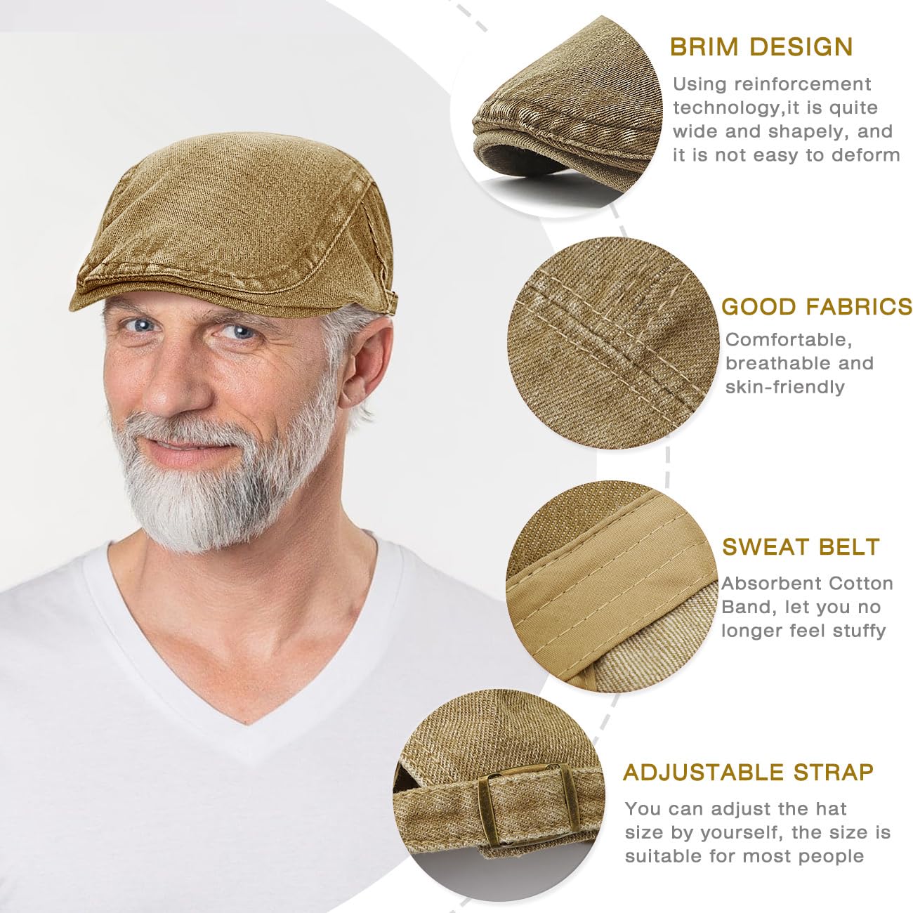 Taidor Mens Denim Cotton Newsboy Cap Ivy Gatsby Driving Hunting Cabbie Hat Khaki