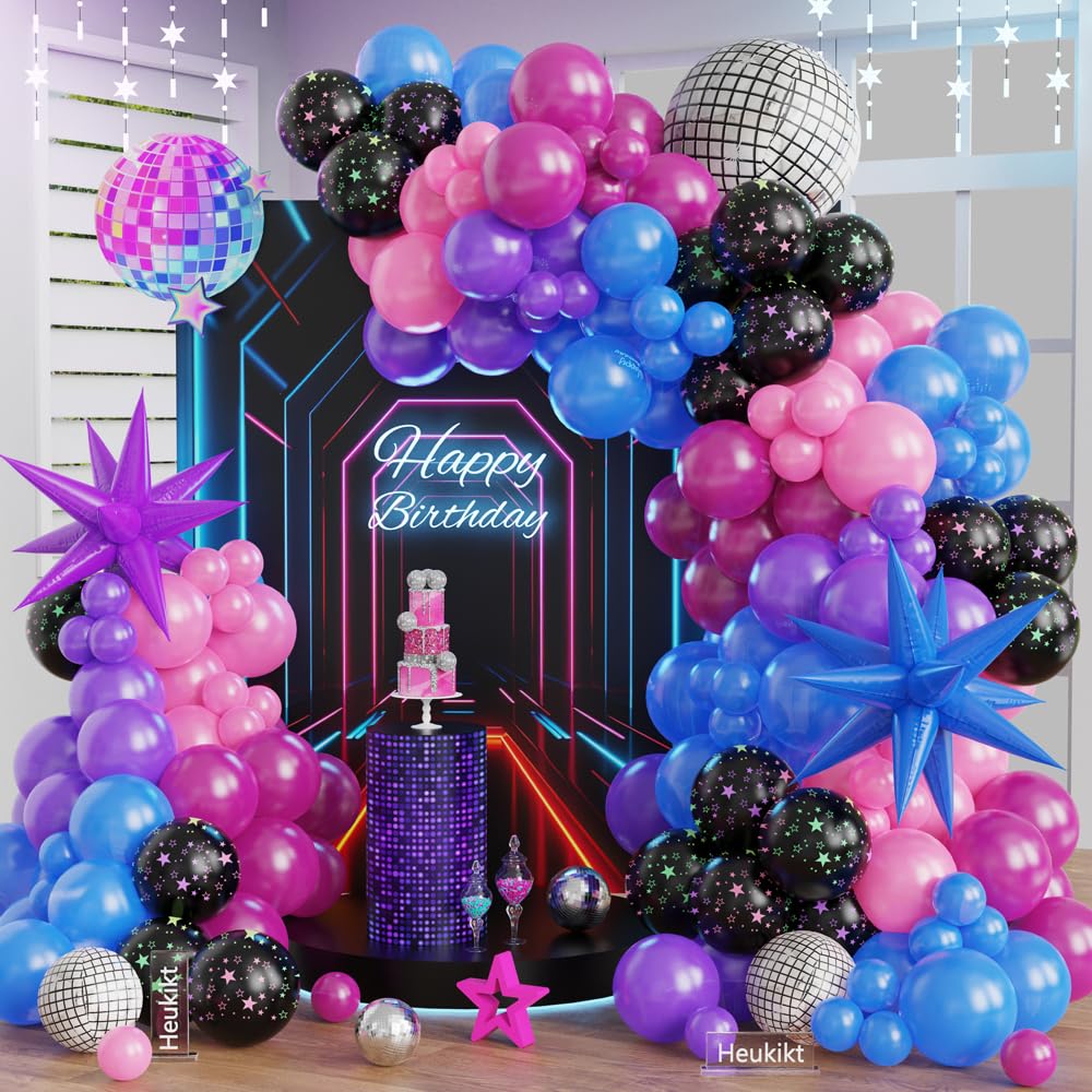 Photo 1 of 159Pcs Neon Balloons Arch Garland Kit, Pearl Pink Purple Blue with Star Neon Balloons for Girls Birthday Let's Glow Music Fans Rock Roll Singer Stage Game Party Decorations