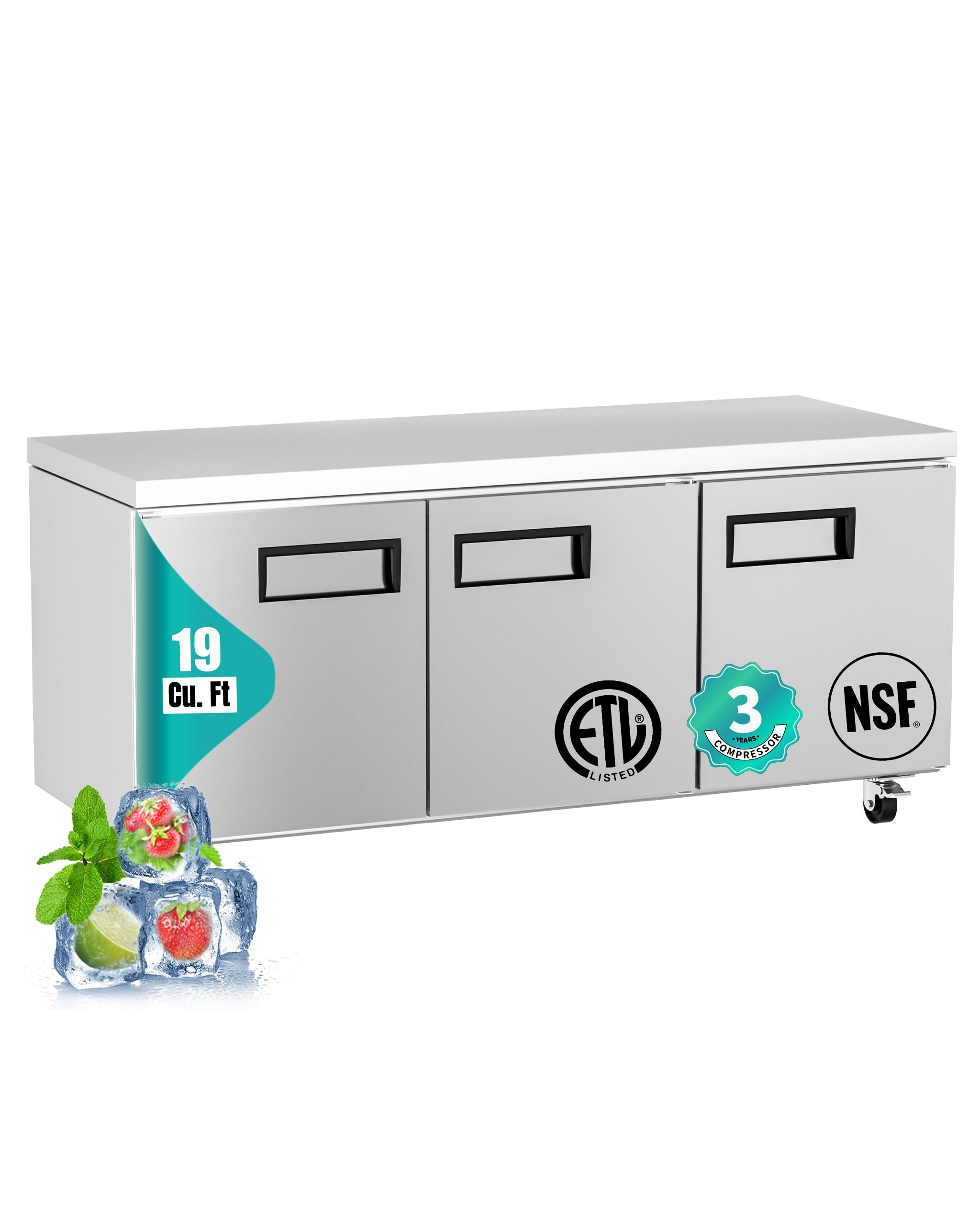 Photo 1 of ****FACTORY SEALED, DAMAGED DURING SHIPPING SEE PHOTOS FOR REFERENCE****KICHKING 72" Commercial Undercounter Refrigerator, 19 Cu.Ft 3 Doors Stainless Steel Worktop Refrigerator with OMNISMART Thermostat, 33-40°F Fan Cooling for Restaurant, Bar, Cafe
