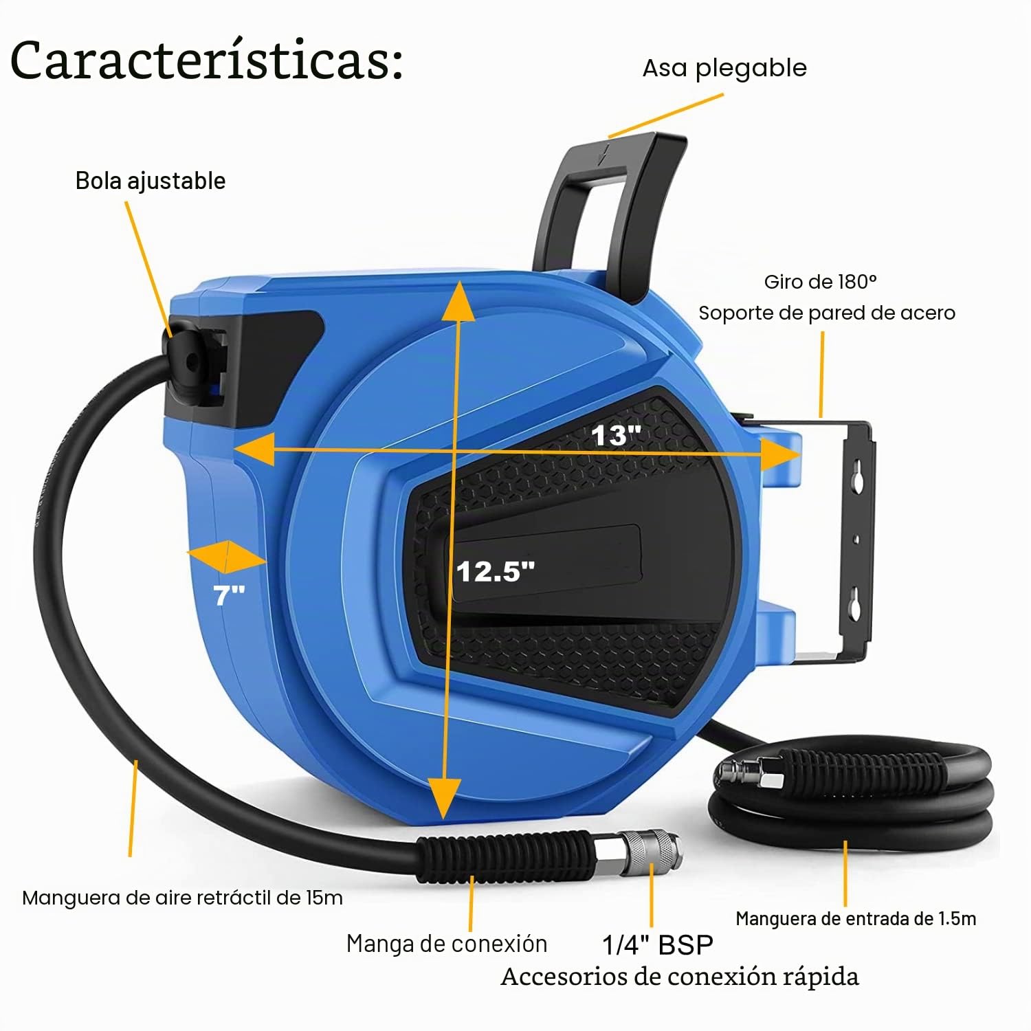 Automático Carrete de Manguera de Aire Comprimido 15m | Enrollador de Manguera de Aire| Carretes de Manguera Neumática | Conector de 1/4'' BSP | para la Pared | Giratorio 180° | Φ 9.5mm